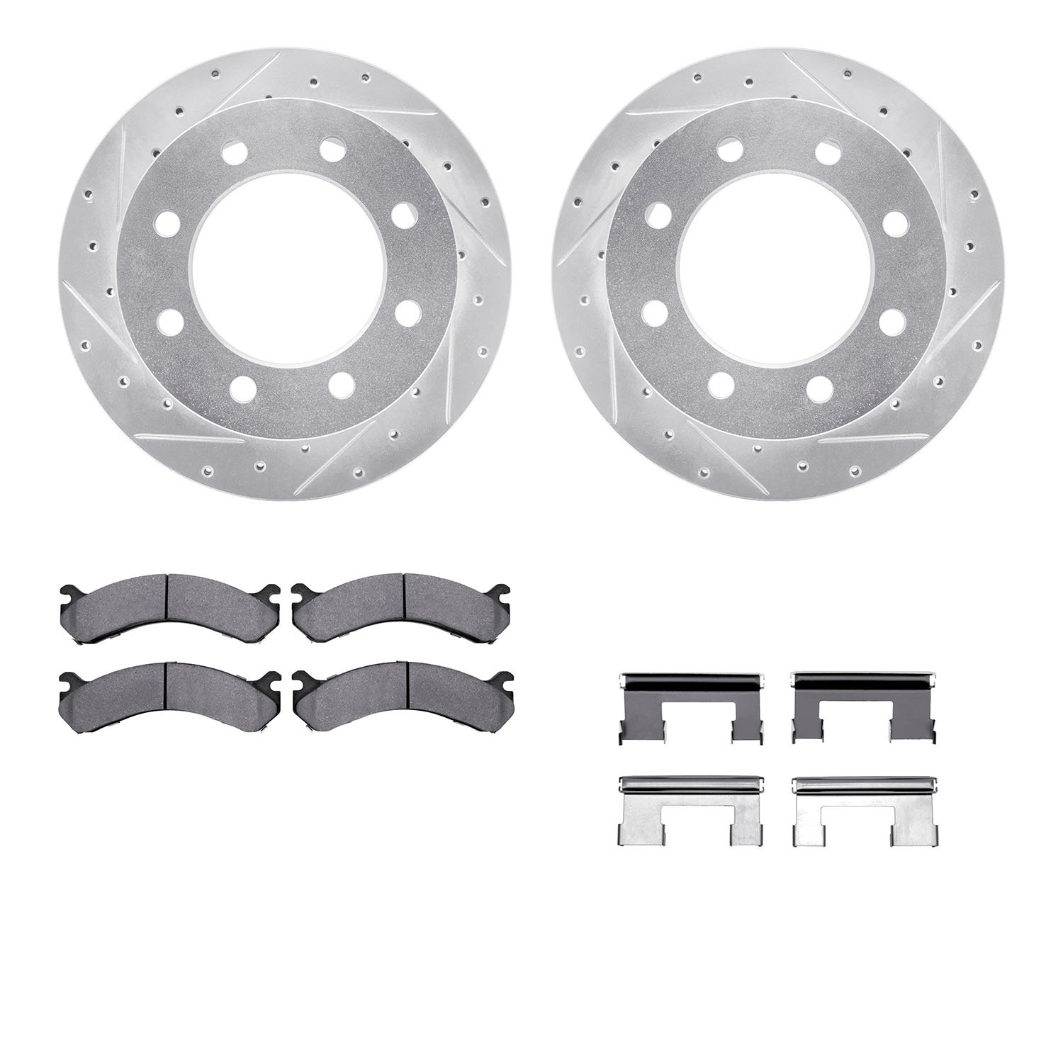 7312-48050 Drilled/Slotted Brake Rotor with 3000-Series Ceramic Brake Pads Kit & Hardware [Silver], 2001-2010 GM, Position: Rear