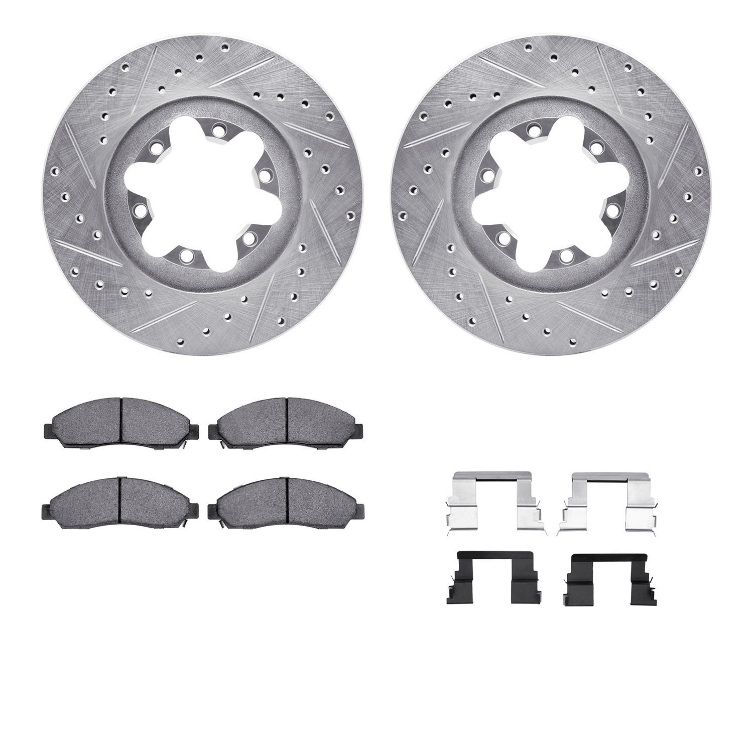 7312-48056 Drilled/Slotted Brake Rotor with 3000-Series Ceramic Brake Pads Kit & Hardware [Silver], 2004-2008 GM, Position: Fron