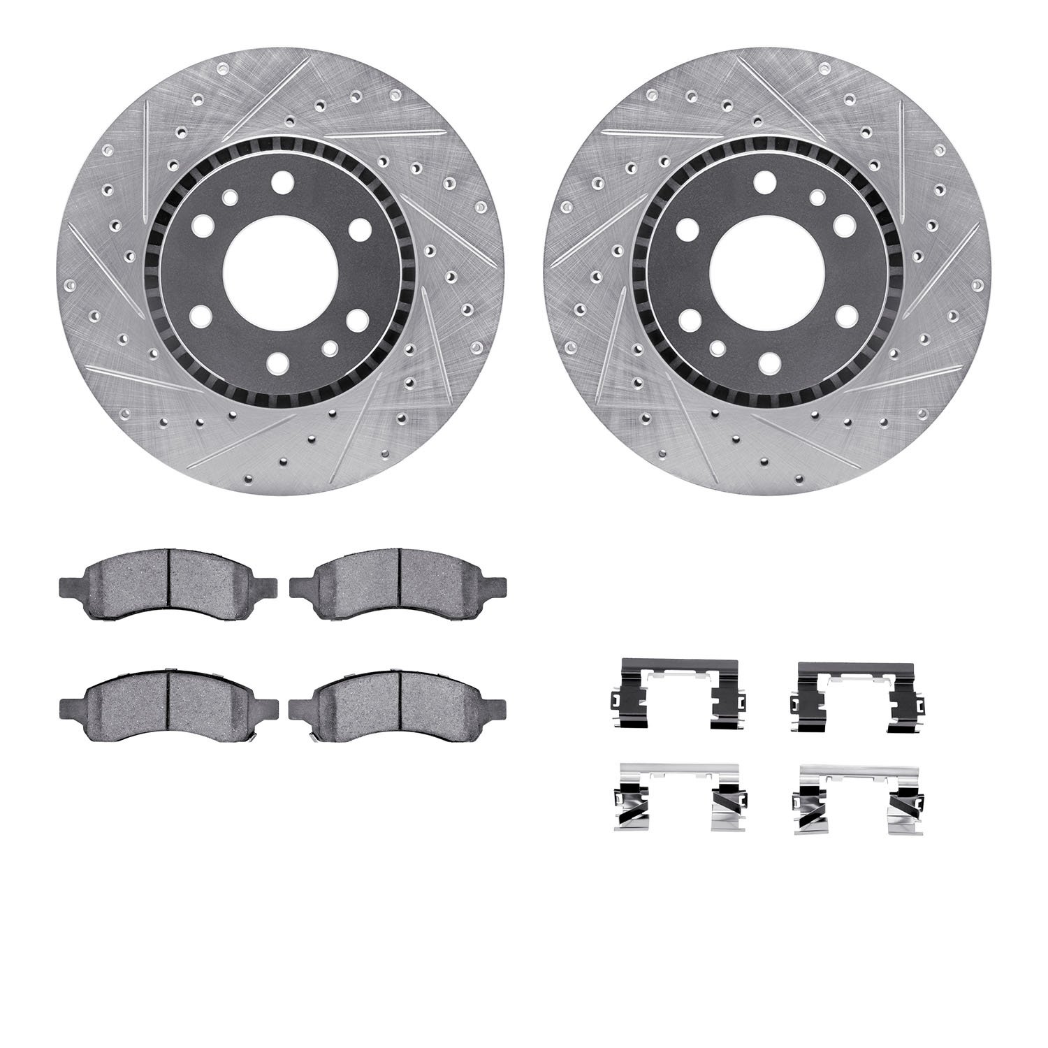 7312-48058 Drilled/Slotted Brake Rotor with 3000-Series Ceramic Brake Pads Kit & Hardware [Silver], 2006-2009 GM, Position: Fron