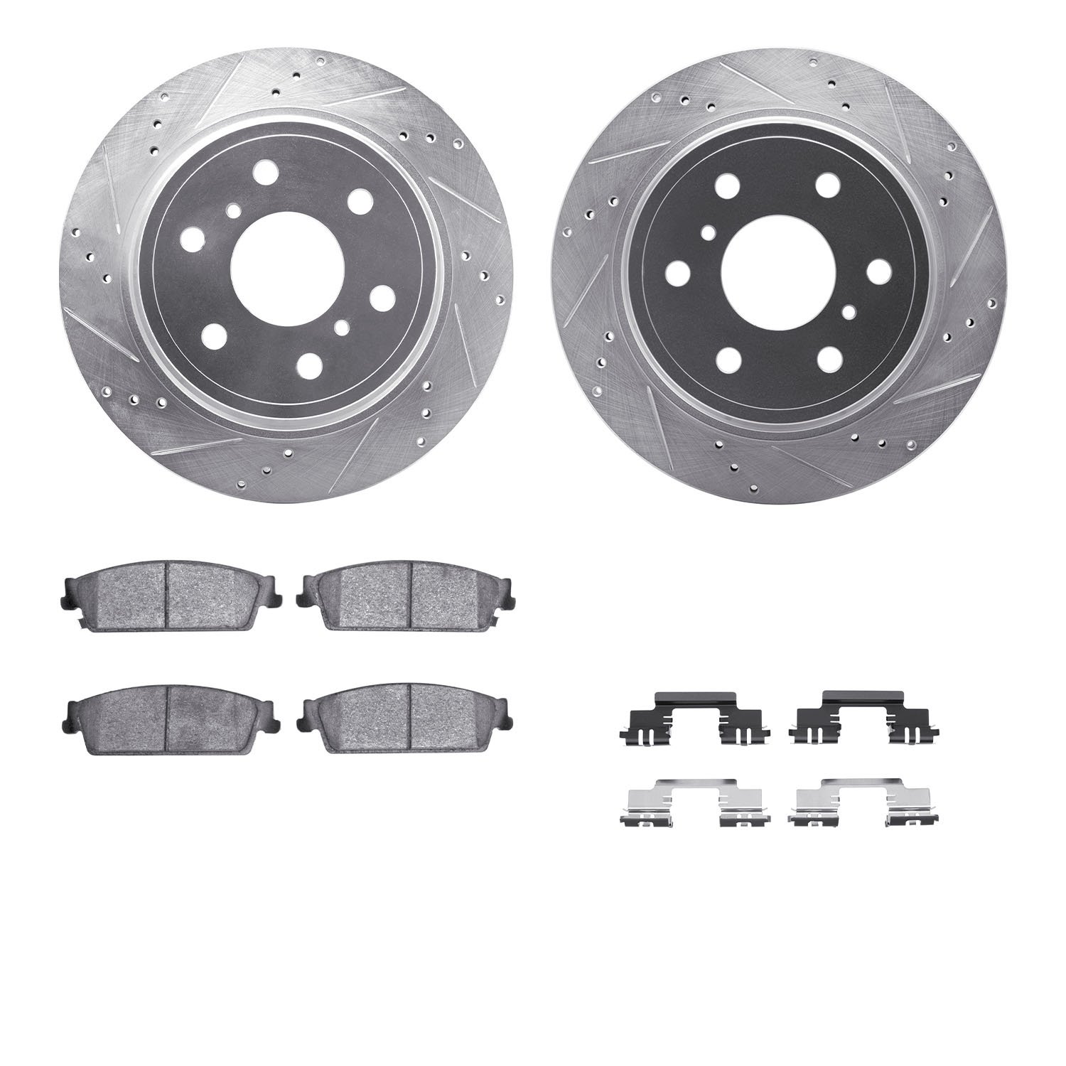 7312-48062 Drilled/Slotted Brake Rotor with 3000-Series Ceramic Brake Pads Kit & Hardware [Silver], 2007-2014 GM, Position: Rear