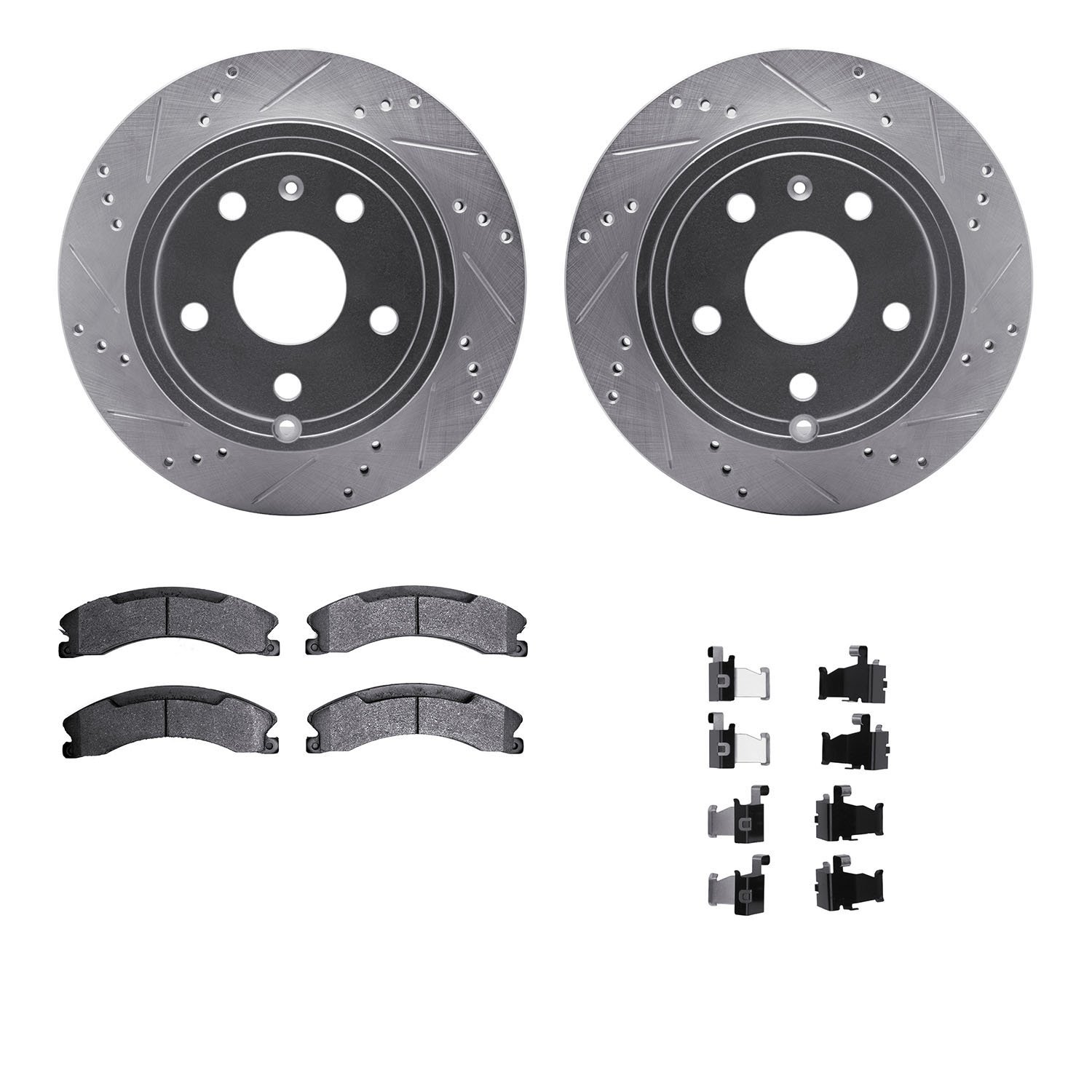7312-48067 Drilled/Slotted Brake Rotor with 3000-Series Ceramic Brake Pads Kit & Hardware [Silver], 2009-2020 GM, Position: Rear