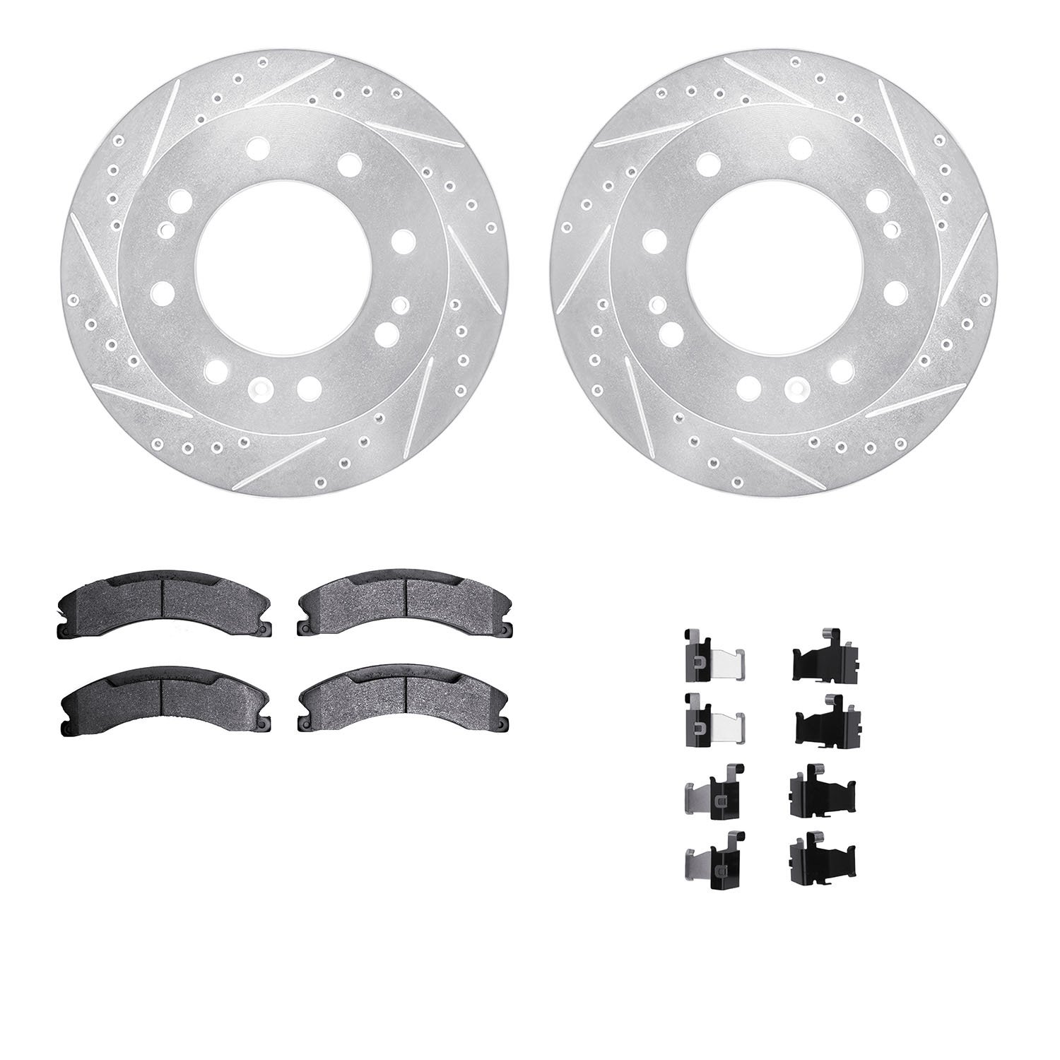 7312-48068 Drilled/Slotted Brake Rotor with 3000-Series Ceramic Brake Pads Kit & Hardware [Silver], 2011-2019 GM, Position: Fron