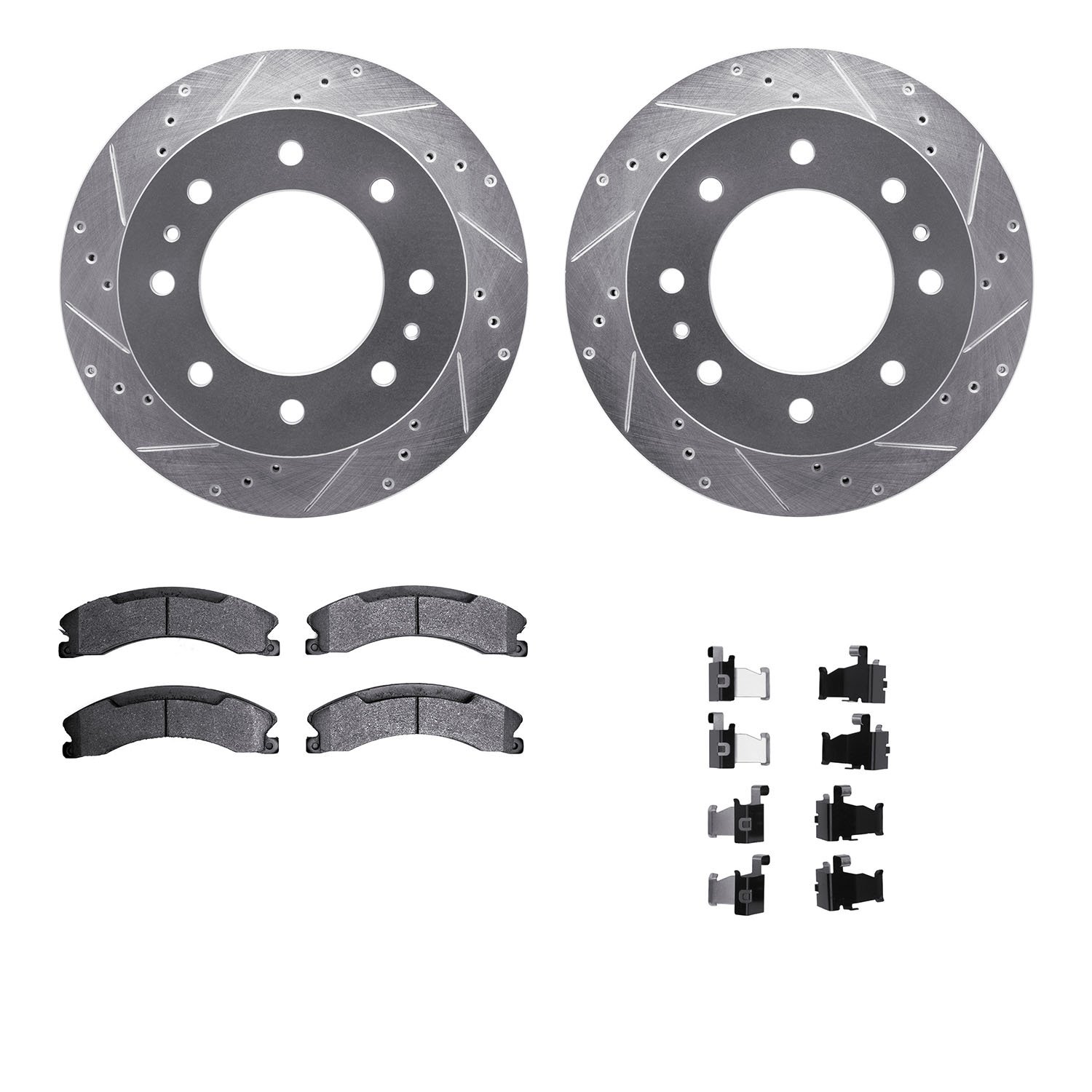 7312-48070 Drilled/Slotted Brake Rotor with 3000-Series Ceramic Brake Pads Kit & Hardware [Silver], 2011-2019 GM, Position: Rear