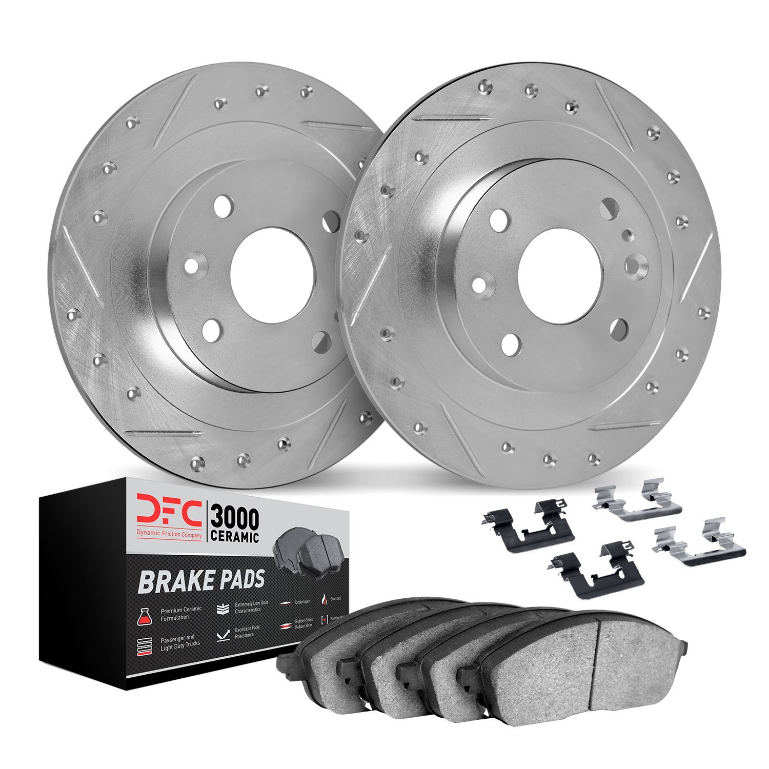 7312-50002 Drilled/Slotted Brake Rotor with 3000-Series Ceramic Brake Pads Kit & Hardware [Silver], 1989-1994 GM, Position: Fron