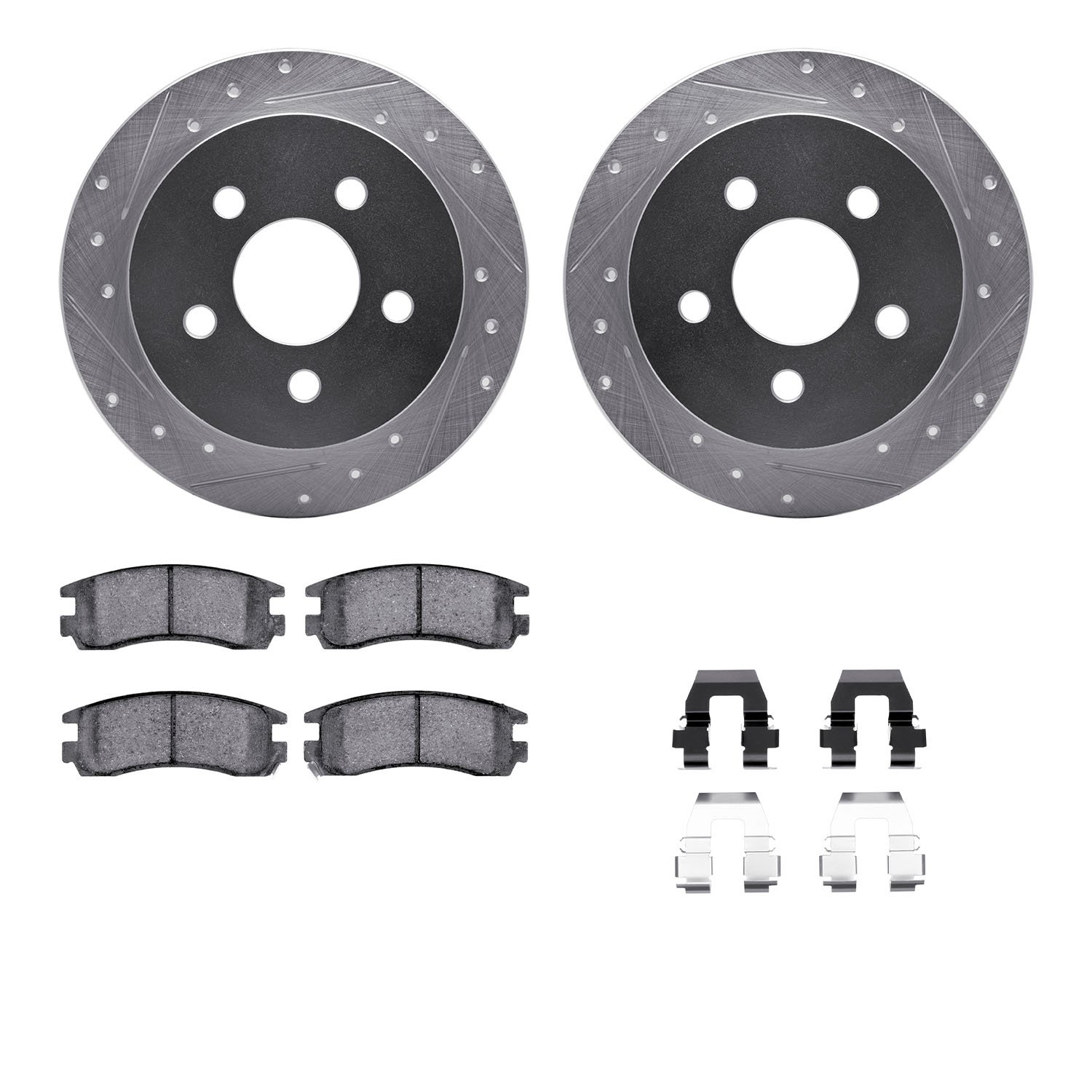 7312-52009 Drilled/Slotted Brake Rotor with 3000-Series Ceramic Brake Pads Kit & Hardware [Silver], 1997-2005 GM, Position: Rear