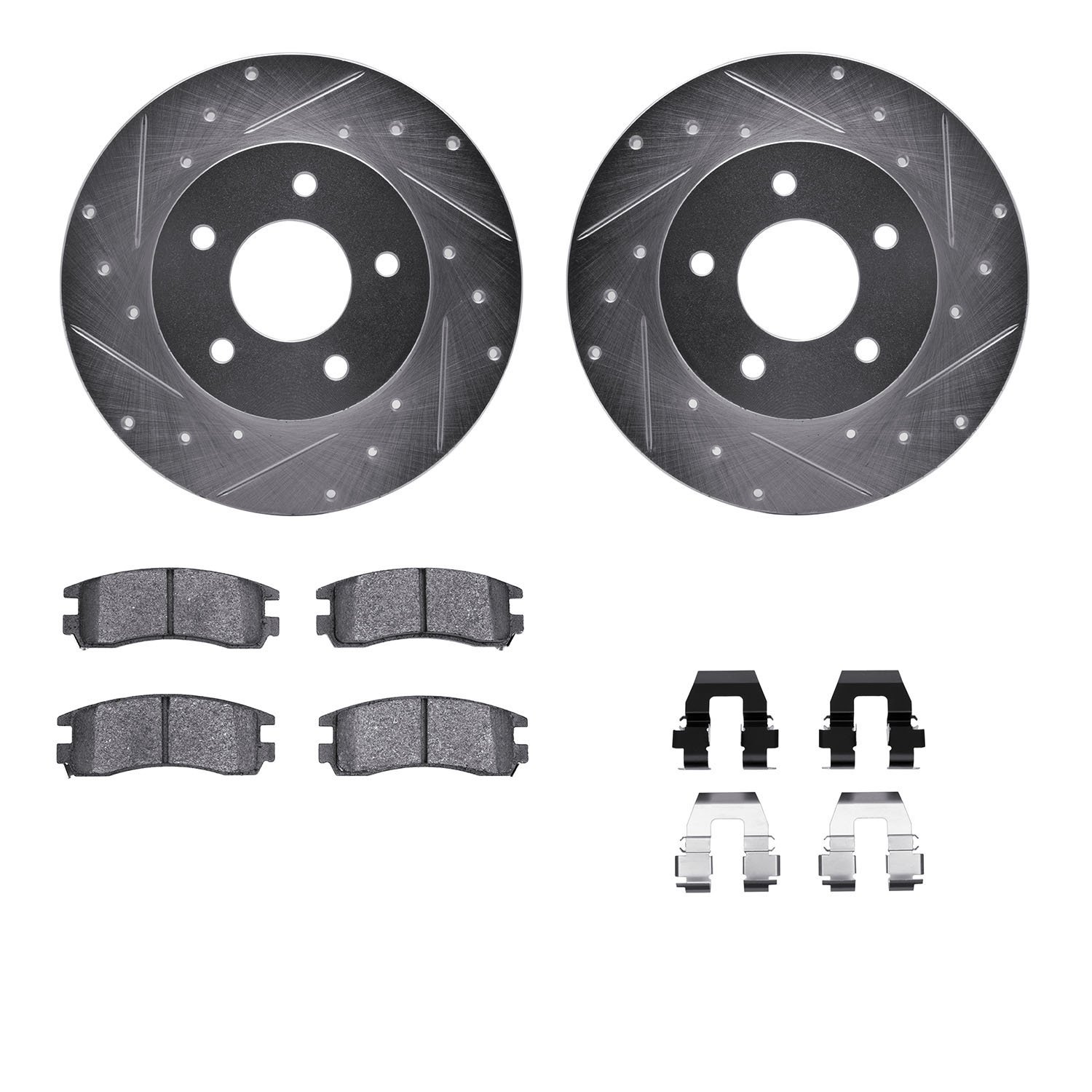 7312-52011 Drilled/Slotted Brake Rotor with 3000-Series Ceramic Brake Pads Kit & Hardware [Silver], 1992-2005 GM, Position: Rear