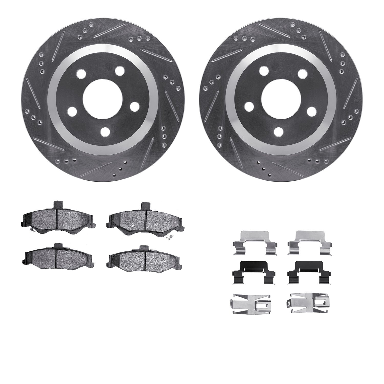 7312-52013 Drilled/Slotted Brake Rotor with 3000-Series Ceramic Brake Pads Kit & Hardware [Silver], 1998-2002 GM, Position: Rear