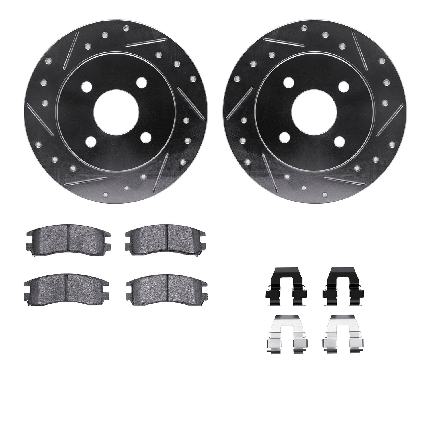 7312-53002 Drilled/Slotted Brake Rotor with 3000-Series Ceramic Brake Pads Kit & Hardware [Silver], 1991-1998 GM, Position: Rear