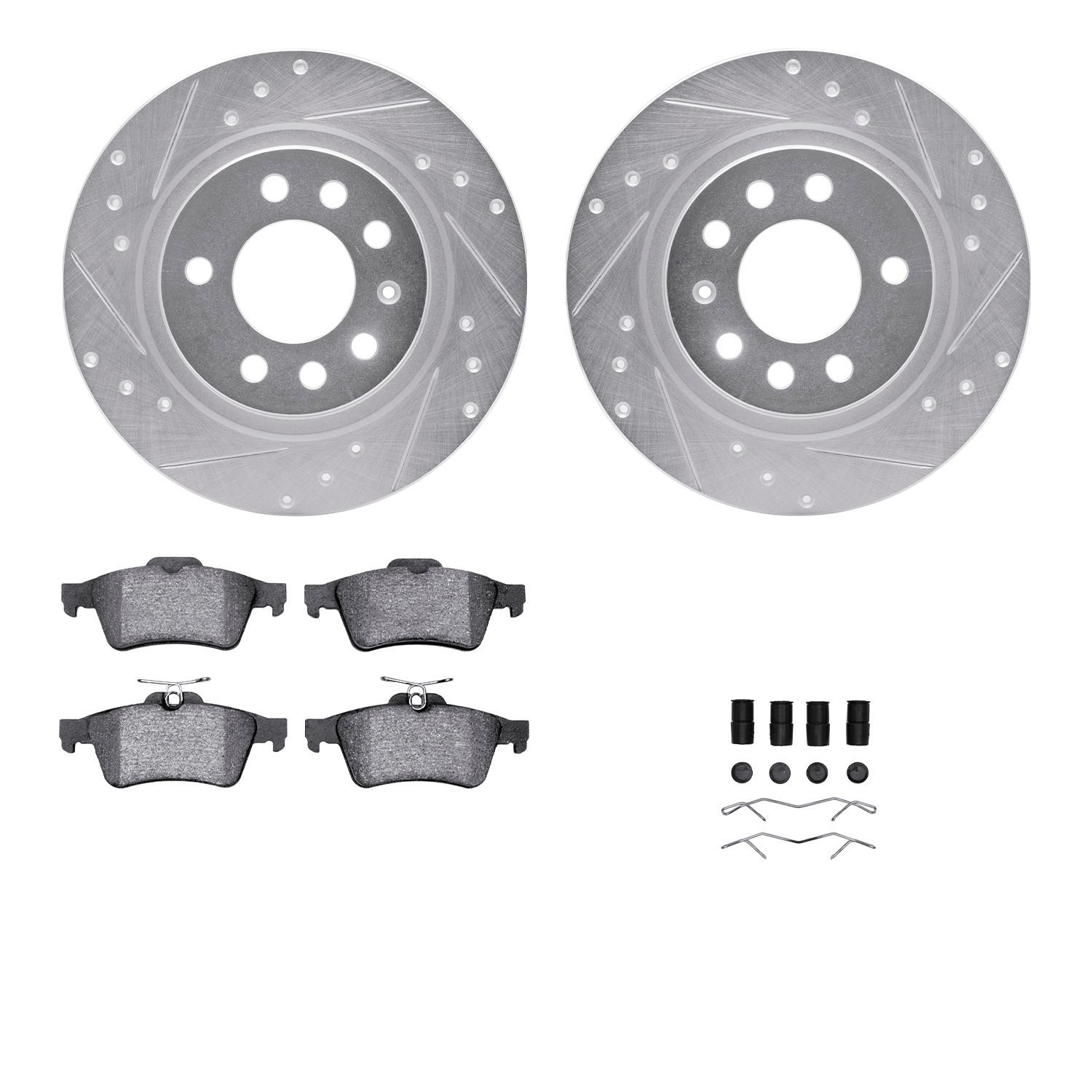 7312-53007 Drilled/Slotted Brake Rotor with 3000-Series Ceramic Brake Pads Kit & Hardware [Silver], 2006-2010 GM, Position: Rear