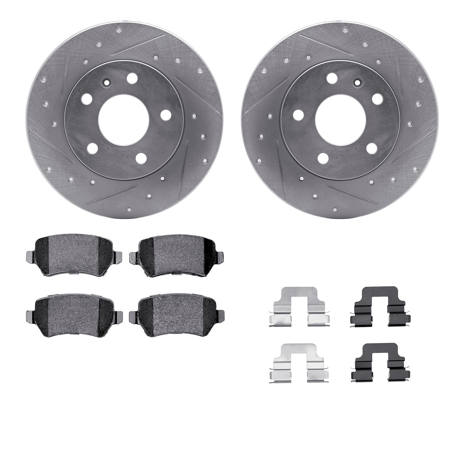 7312-53008 Drilled/Slotted Brake Rotor with 3000-Series Ceramic Brake Pads Kit & Hardware [Silver], 2002-2008 GM, Position: Rear