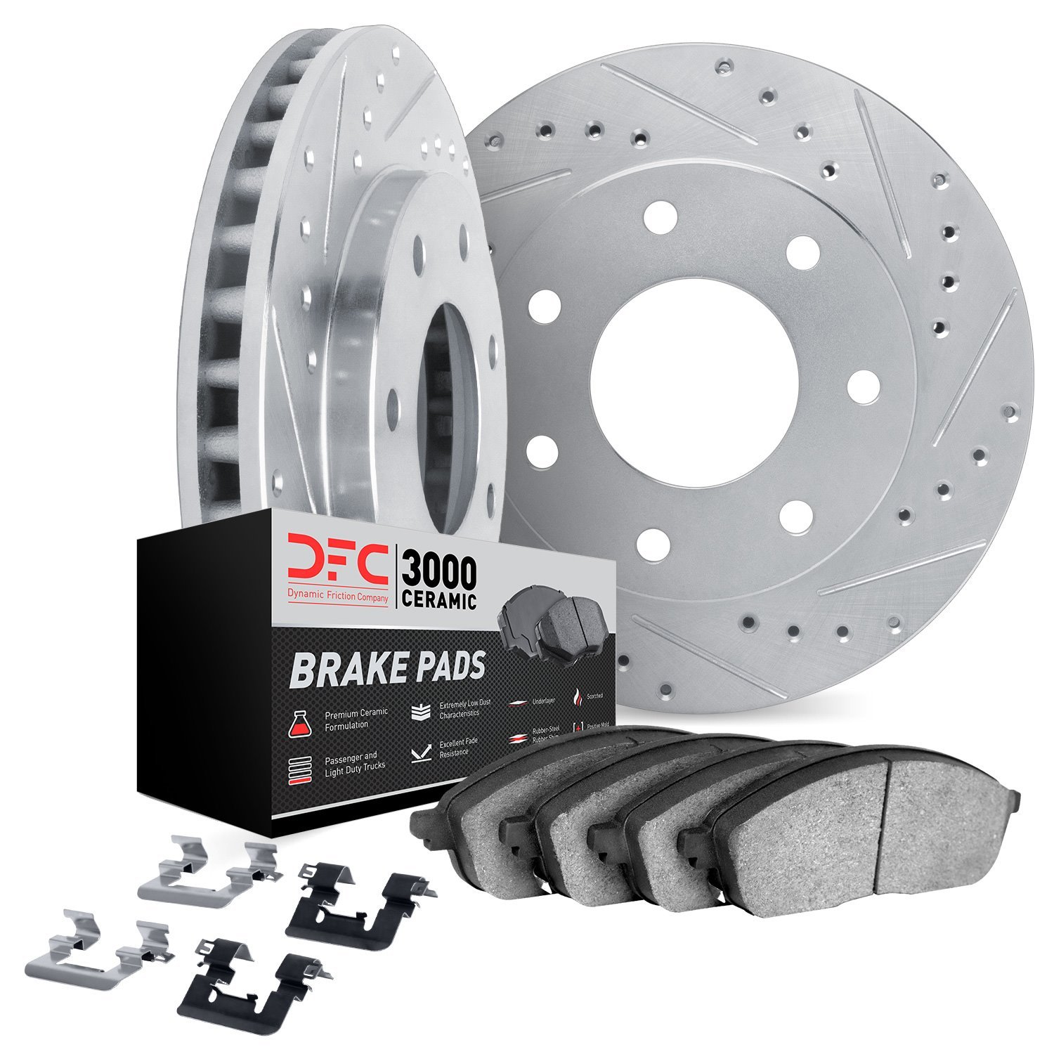 7312-54115 Drilled/Slotted Brake Rotor with 3000-Series Ceramic Brake Pads Kit & Hardware [Silver], 1997-2004 Ford/Lincoln/Mercu