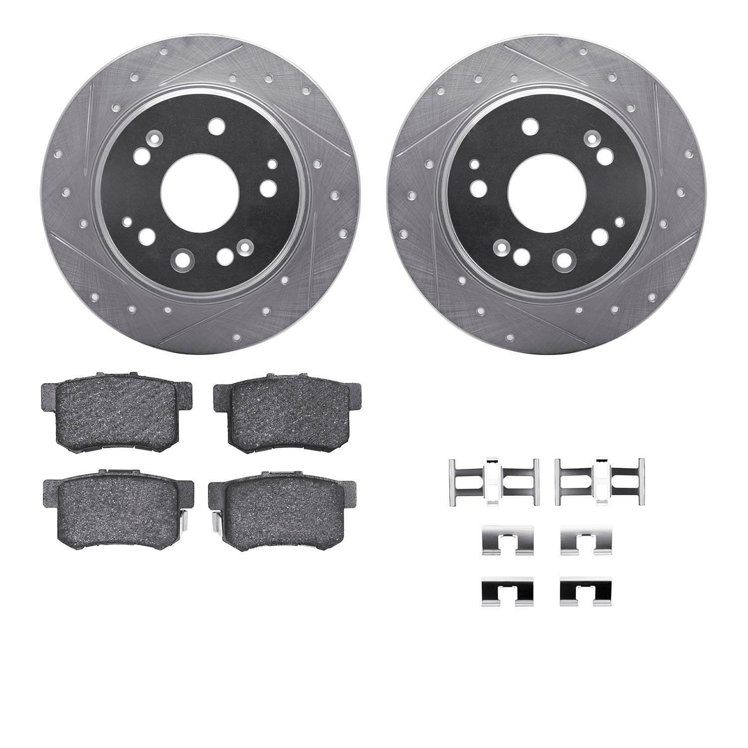 7312-58011 Drilled/Slotted Brake Rotor with 3000-Series Ceramic Brake Pads Kit & Hardware [Silver], 2001-2003 Acura/Honda, Posit