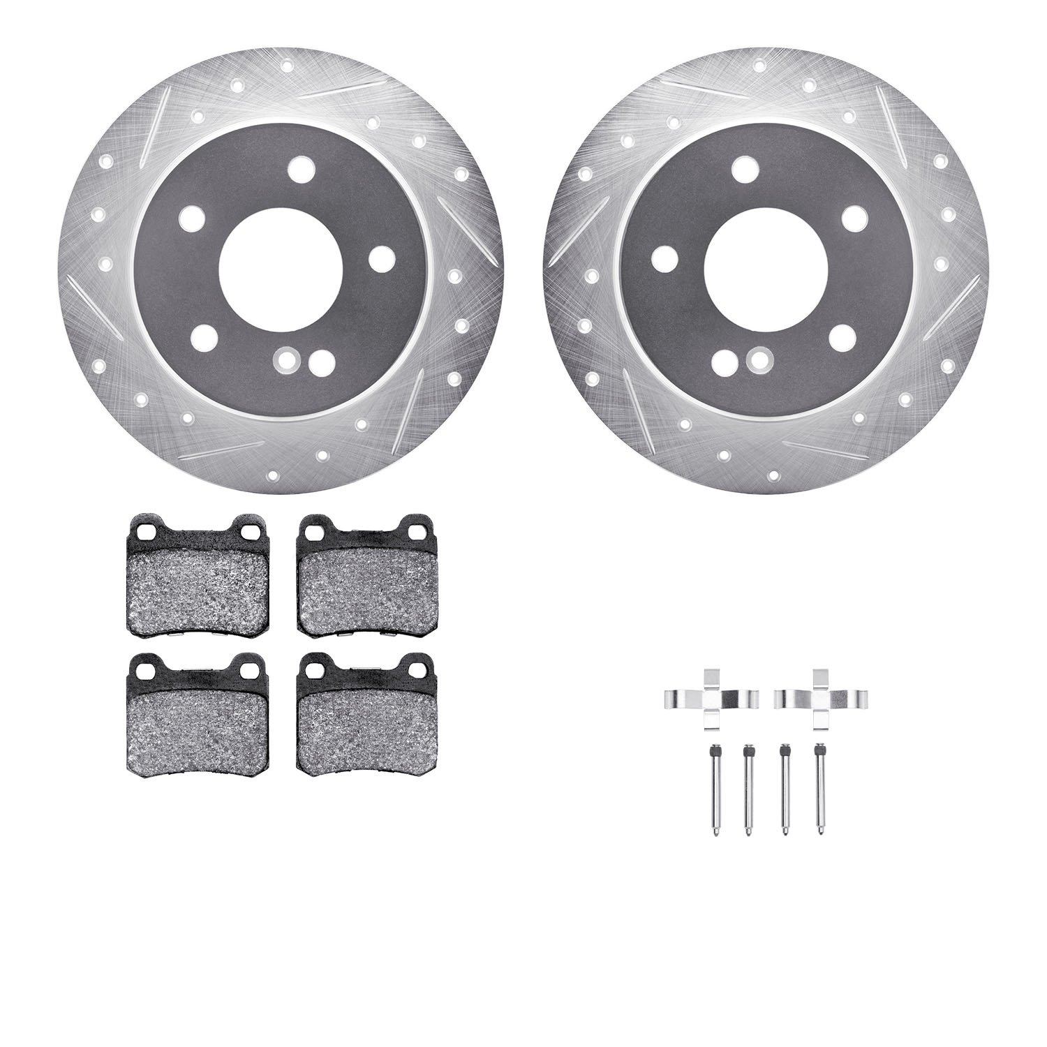 7312-63030 Drilled/Slotted Brake Rotor with 3000-Series Ceramic Brake Pads Kit & Hardware [Silver], 1994-1995 Mercedes-Benz, Pos