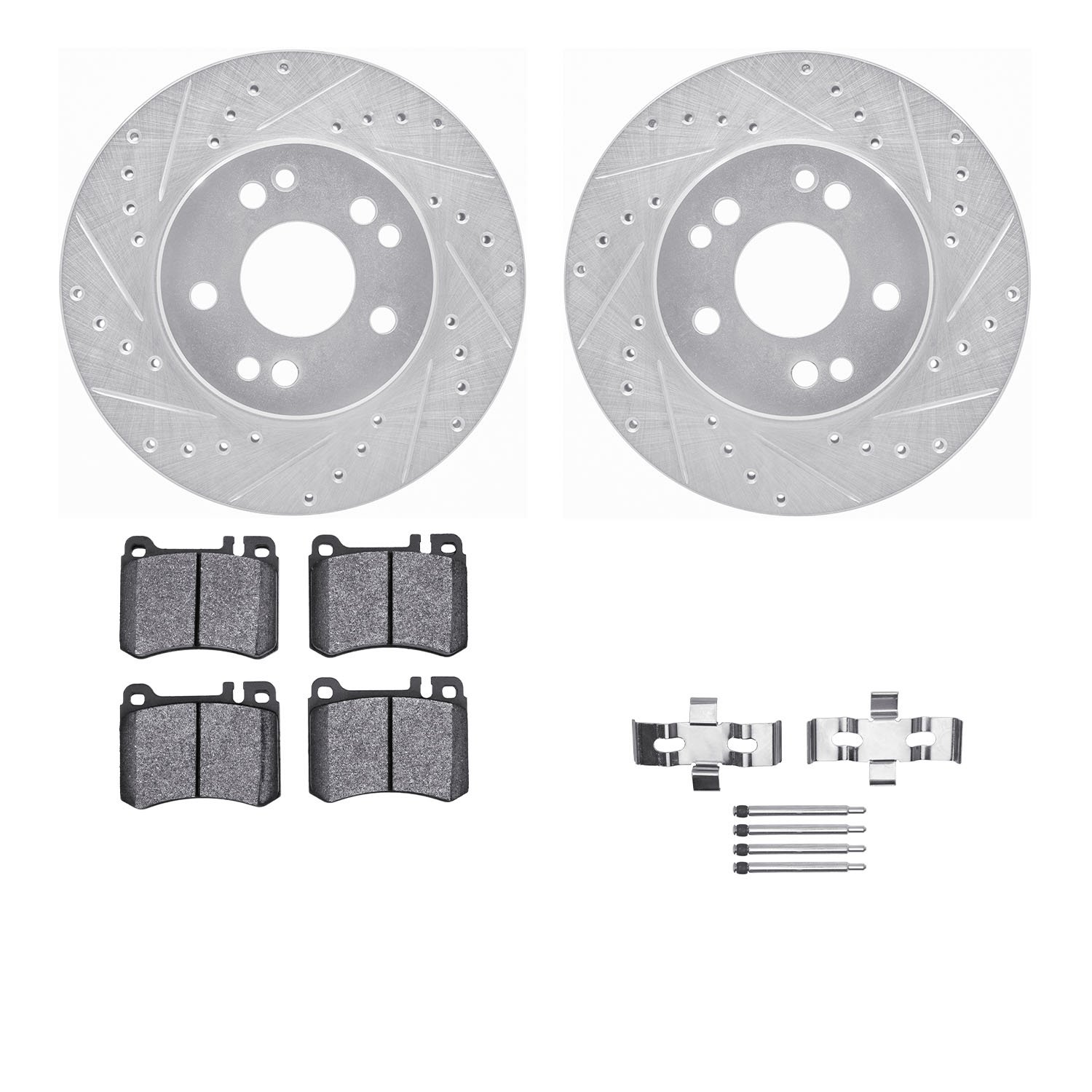 7312-63034 Drilled/Slotted Brake Rotor with 3000-Series Ceramic Brake Pads Kit & Hardware [Silver], 1986-1989 Mercedes-Benz, Pos