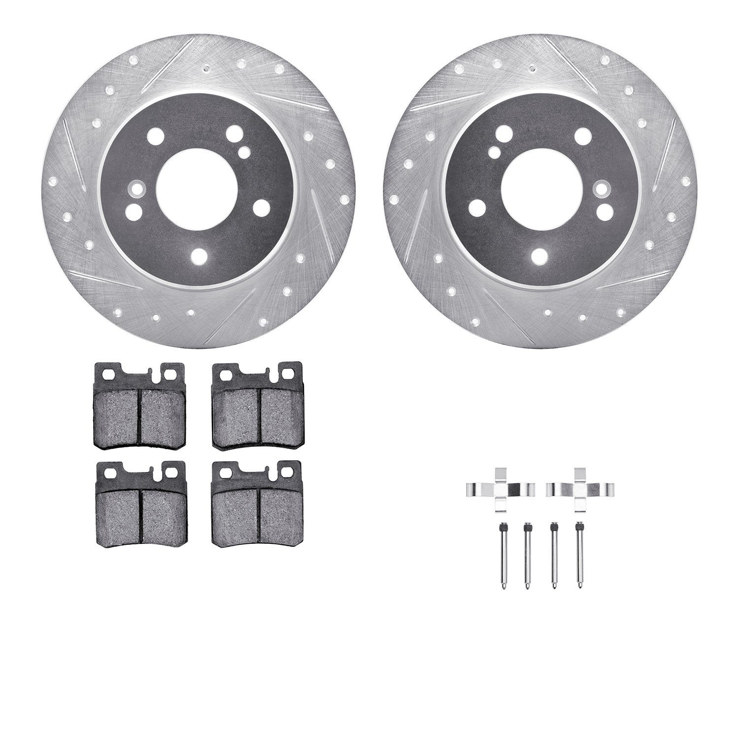 7312-63039 Drilled/Slotted Brake Rotor with 3000-Series Ceramic Brake Pads Kit & Hardware [Silver], 1987-2000 Mercedes-Benz, Pos