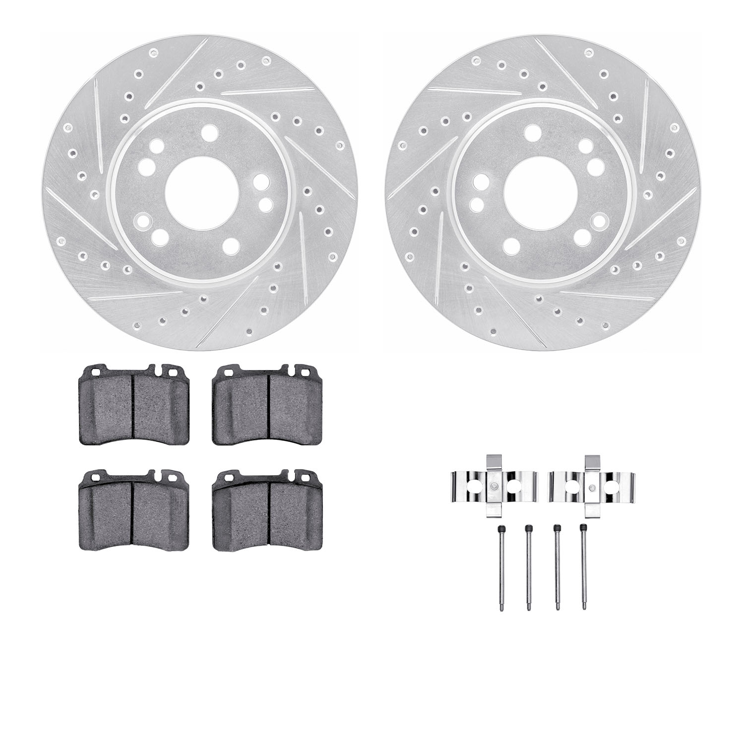 7312-63043 Drilled/Slotted Brake Rotor with 3000-Series Ceramic Brake Pads Kit & Hardware [Silver], 1990-1998 Mercedes-Benz, Pos