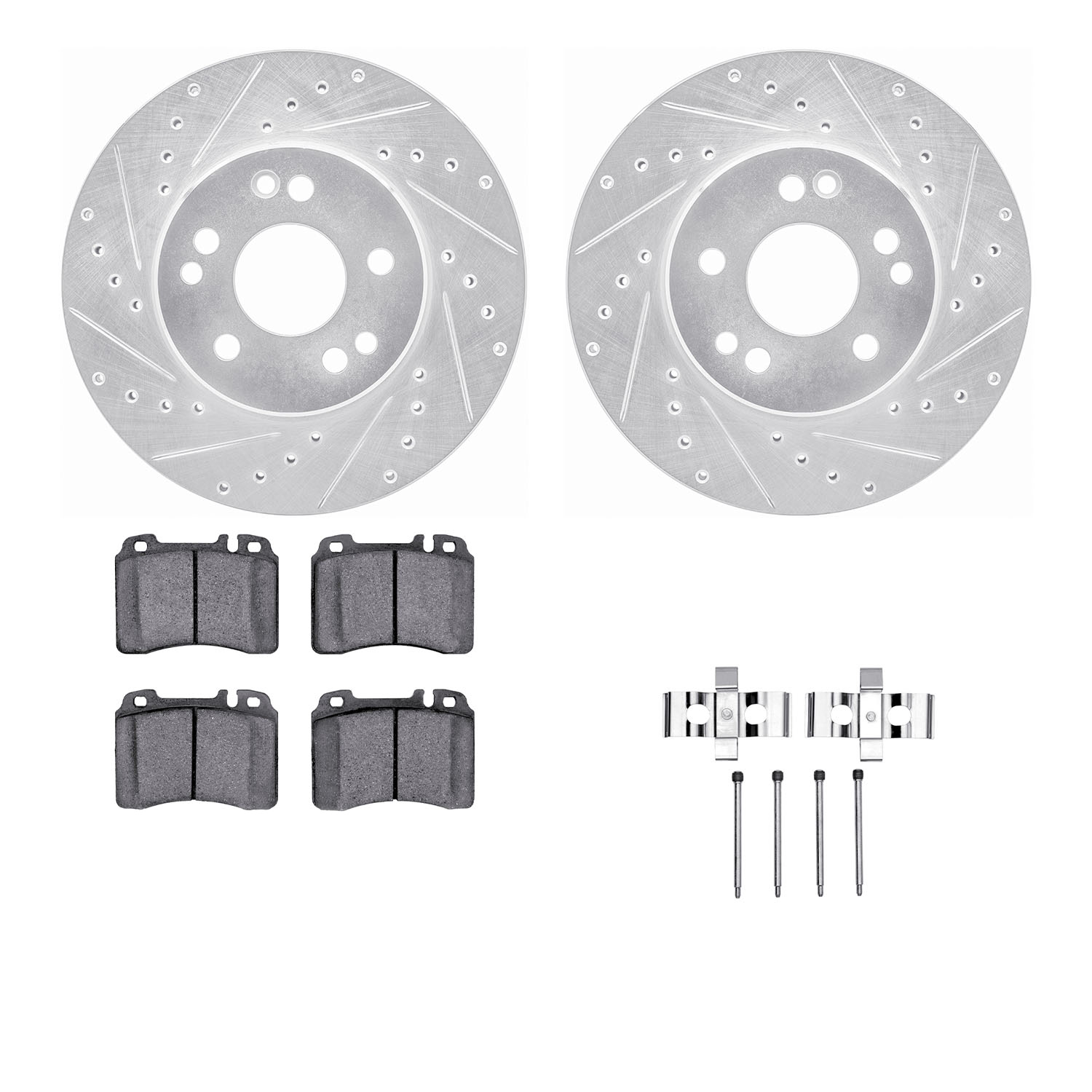 7312-63044 Drilled/Slotted Brake Rotor with 3000-Series Ceramic Brake Pads Kit & Hardware [Silver], 1990-1995 Mercedes-Benz, Pos