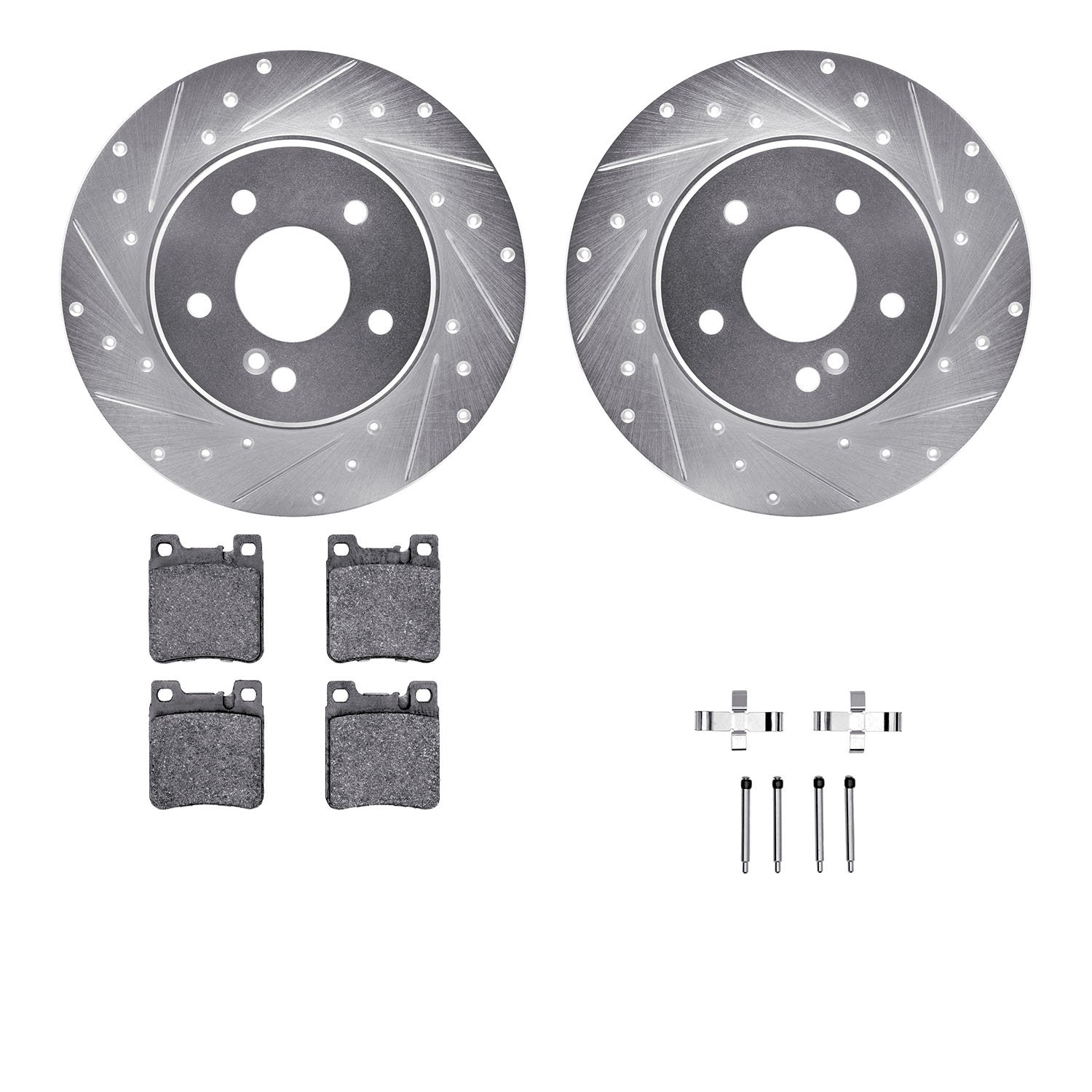 7312-63053 Drilled/Slotted Brake Rotor with 3000-Series Ceramic Brake Pads Kit & Hardware [Silver], 1998-2003 Mercedes-Benz, Pos