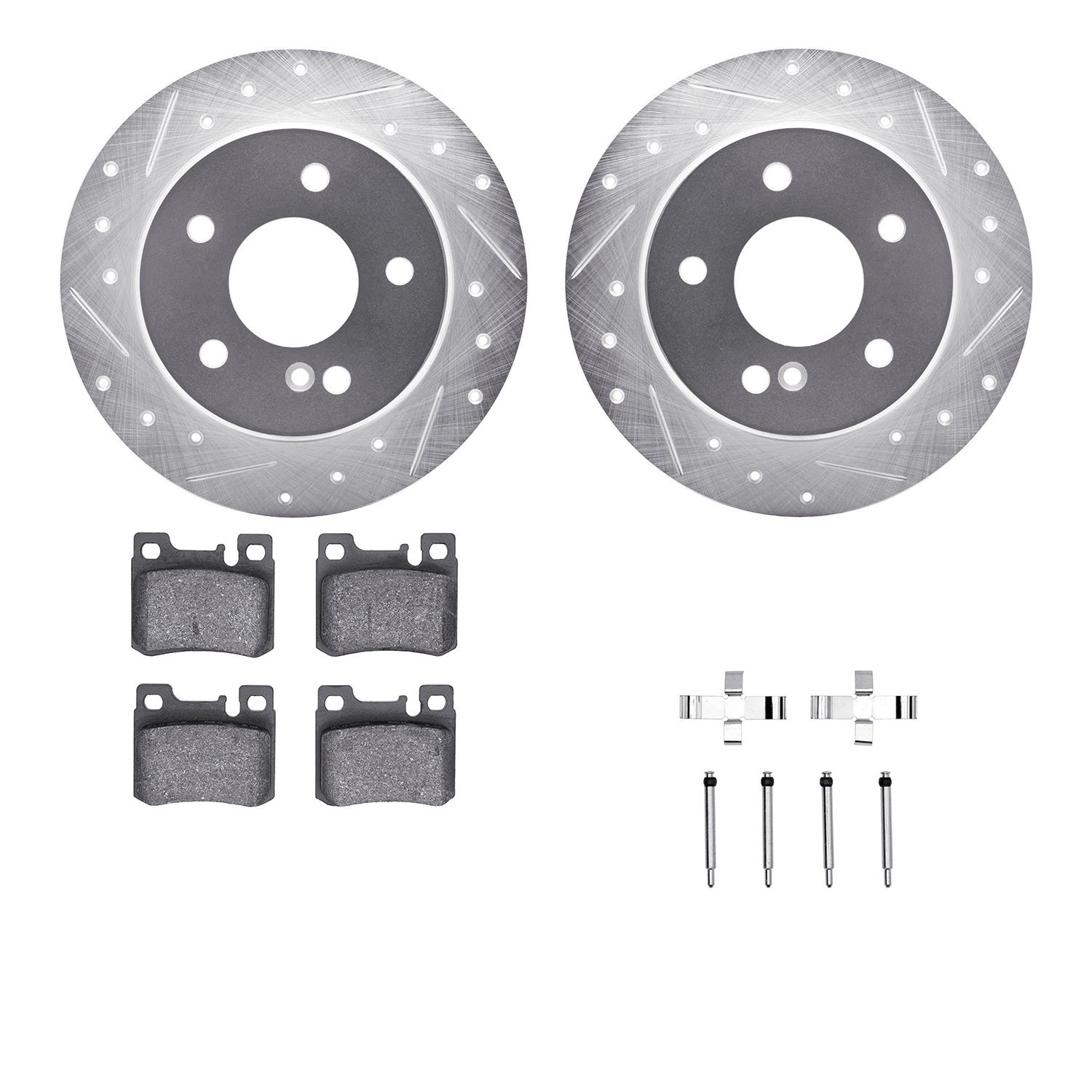 7312-63058 Drilled/Slotted Brake Rotor with 3000-Series Ceramic Brake Pads Kit & Hardware [Silver], 1994-1995 Mercedes-Benz, Pos