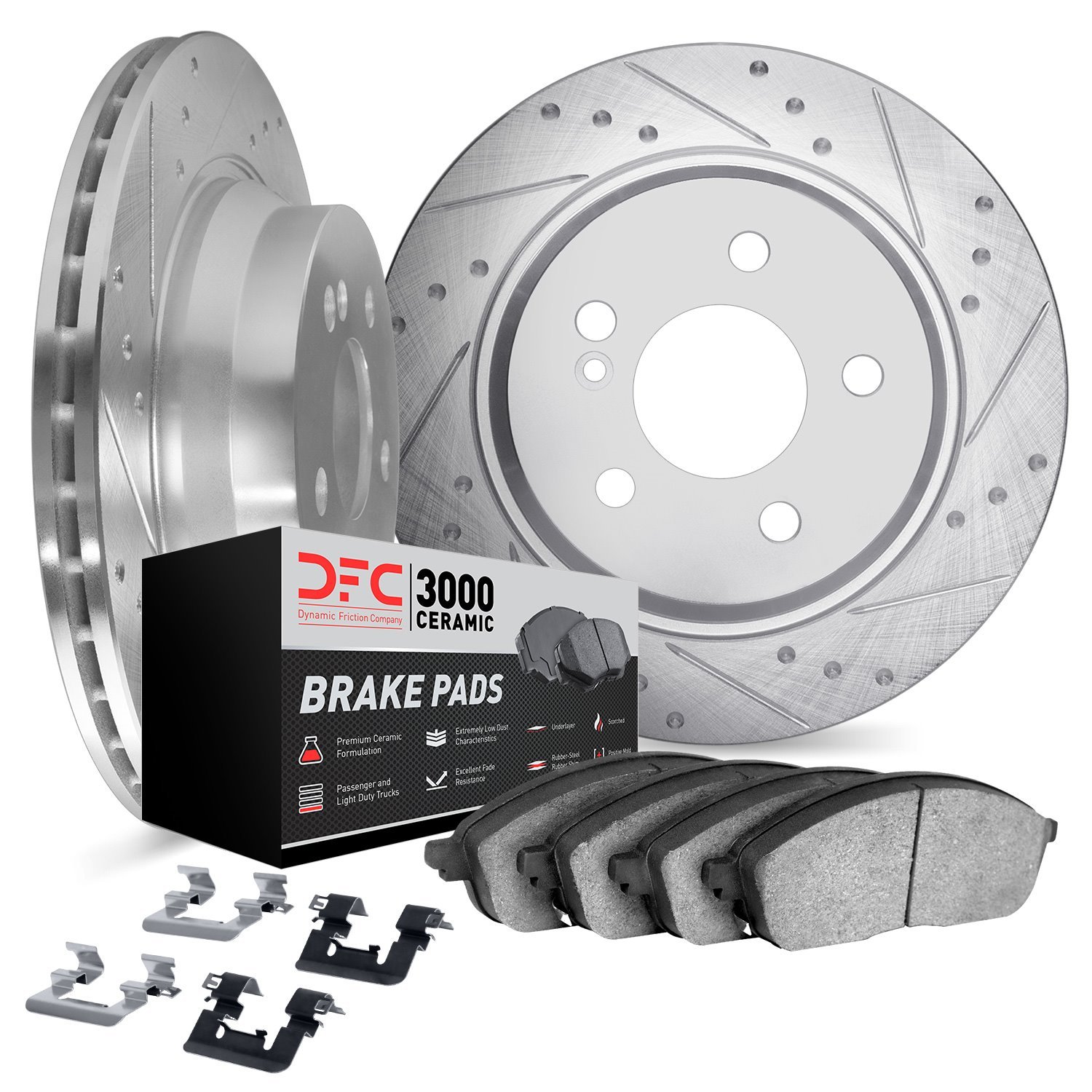 7312-63097 Dimpled & Slotted Brake Rotors with 3000-Series Ceramic Brake Pads Kit & Hardware [Silver], 2003-2017 Mercedes-Benz,