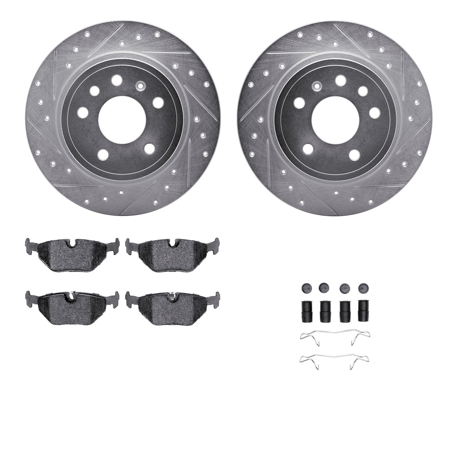 7312-65010 Drilled/Slotted Brake Rotor with 3000-Series Ceramic Brake Pads Kit & Hardware [Silver], 1999-2010 GM, Position: Rear