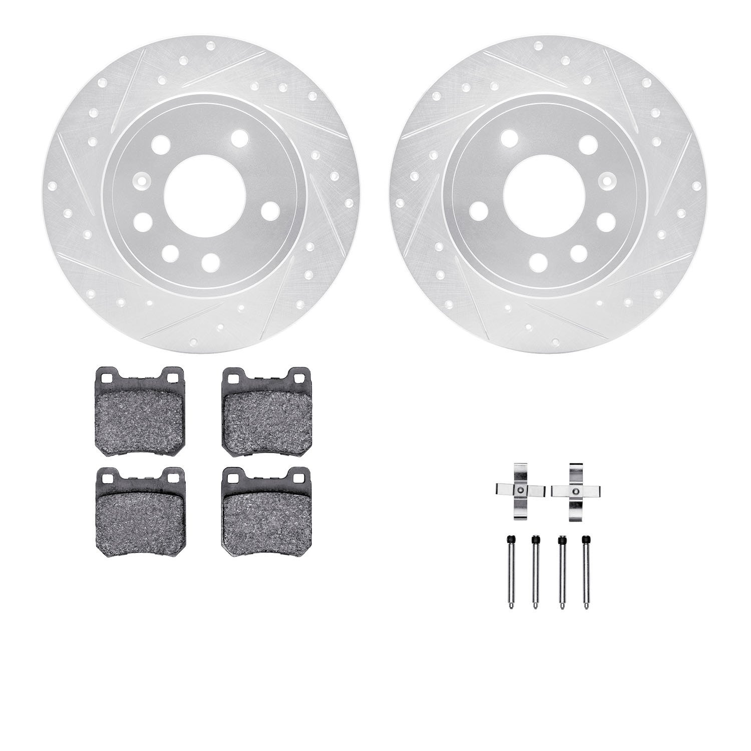 7312-65012 Drilled/Slotted Brake Rotor with 3000-Series Ceramic Brake Pads Kit & Hardware [Silver], 1997-2008 GM, Position: Rear