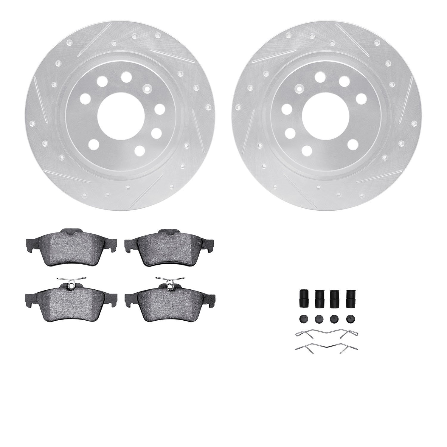 7312-65020 Drilled/Slotted Brake Rotor with 3000-Series Ceramic Brake Pads Kit & Hardware [Silver], 2003-2011 GM, Position: Rear