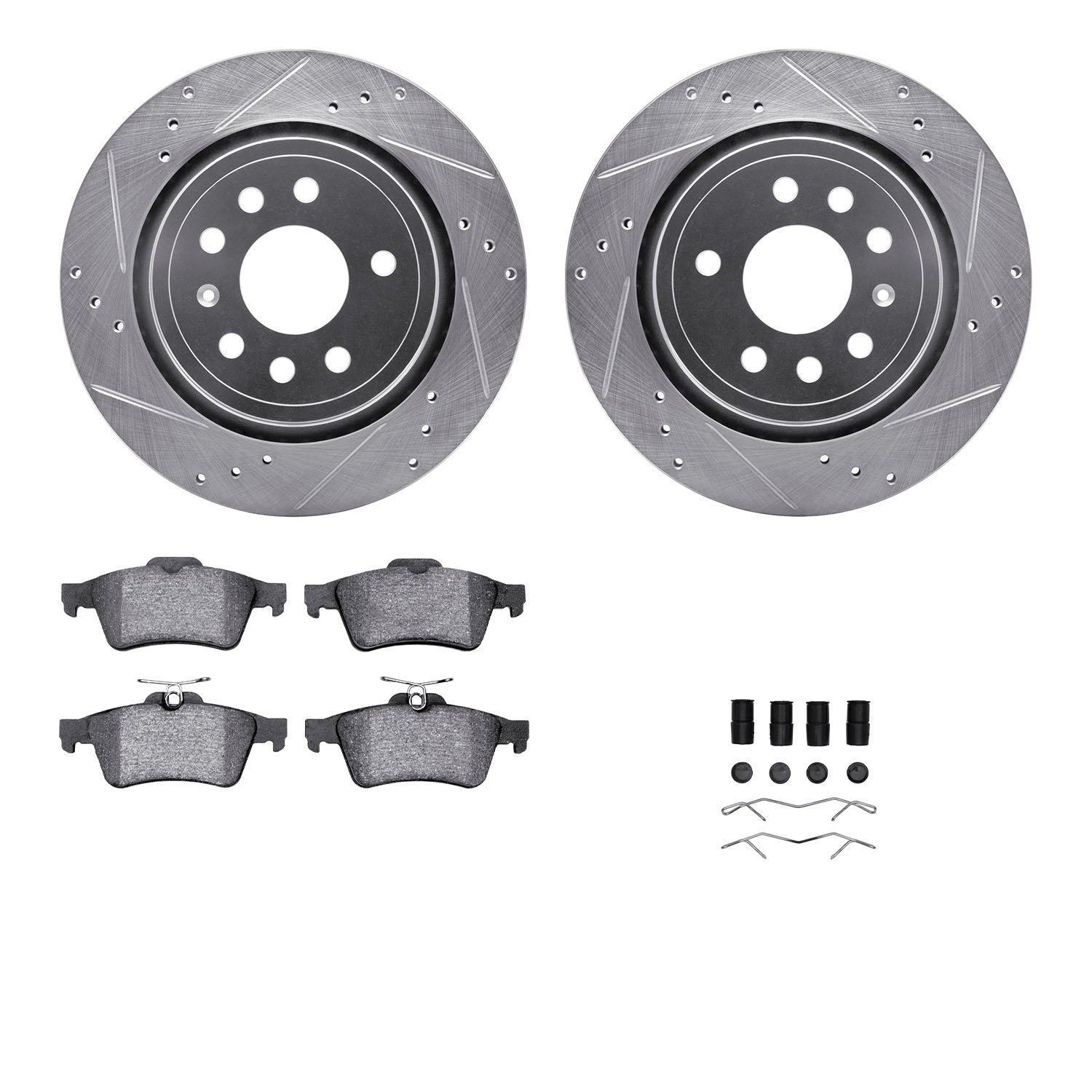 7312-65021 Drilled/Slotted Brake Rotor with 3000-Series Ceramic Brake Pads Kit & Hardware [Silver], 2003-2011 GM, Position: Rear
