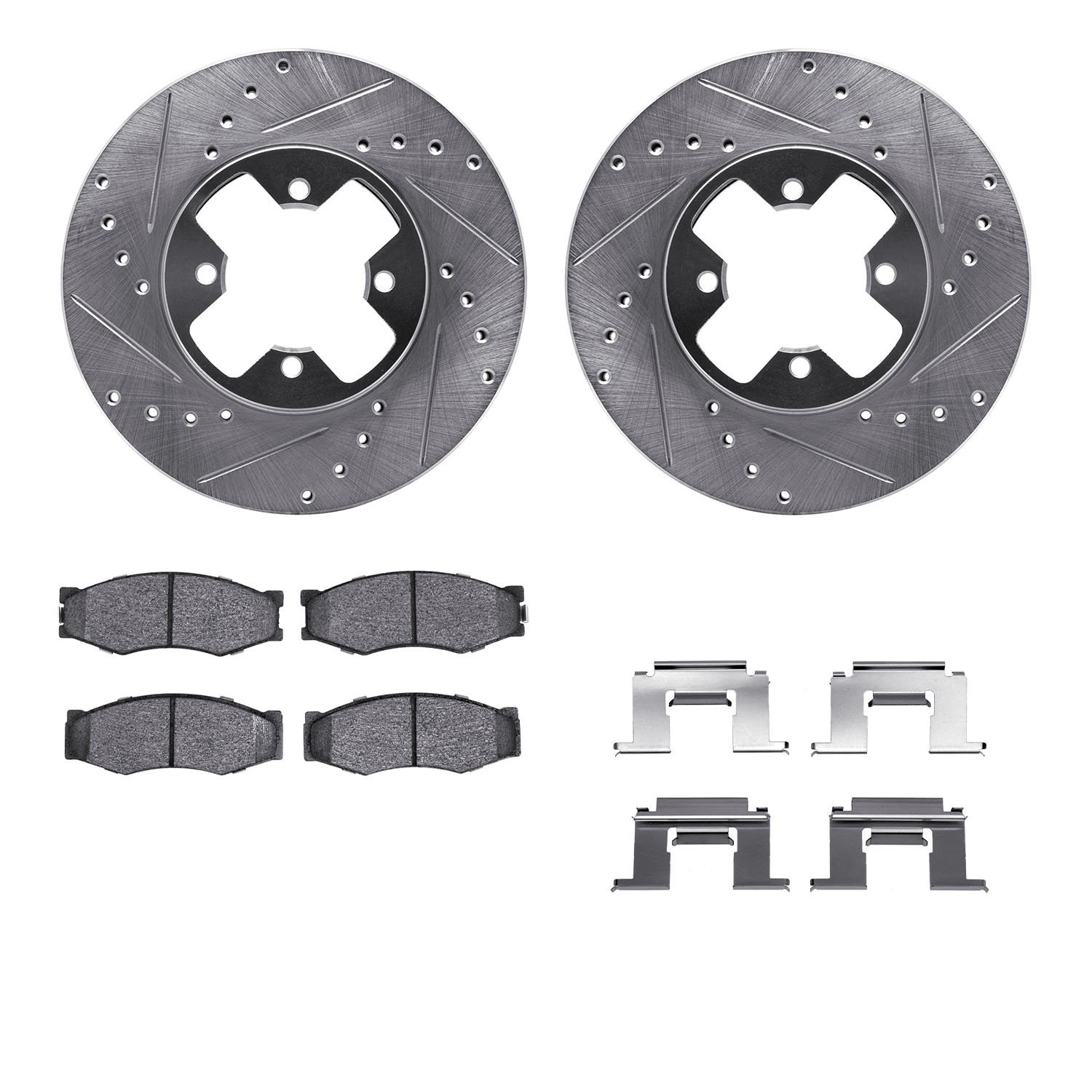 7312-67020 Drilled/Slotted Brake Rotor with 3000-Series Ceramic Brake Pads Kit & Hardware [Silver], 1984-1985 Infiniti/Nissan, P