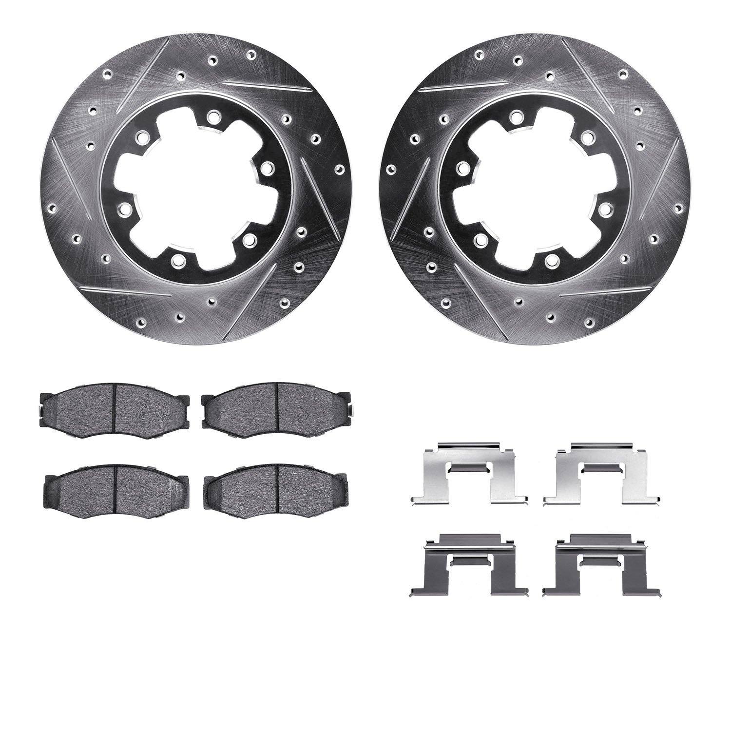 7312-67023 Drilled/Slotted Brake Rotor with 3000-Series Ceramic Brake Pads Kit & Hardware [Silver], 1983-1985 Infiniti/Nissan, P