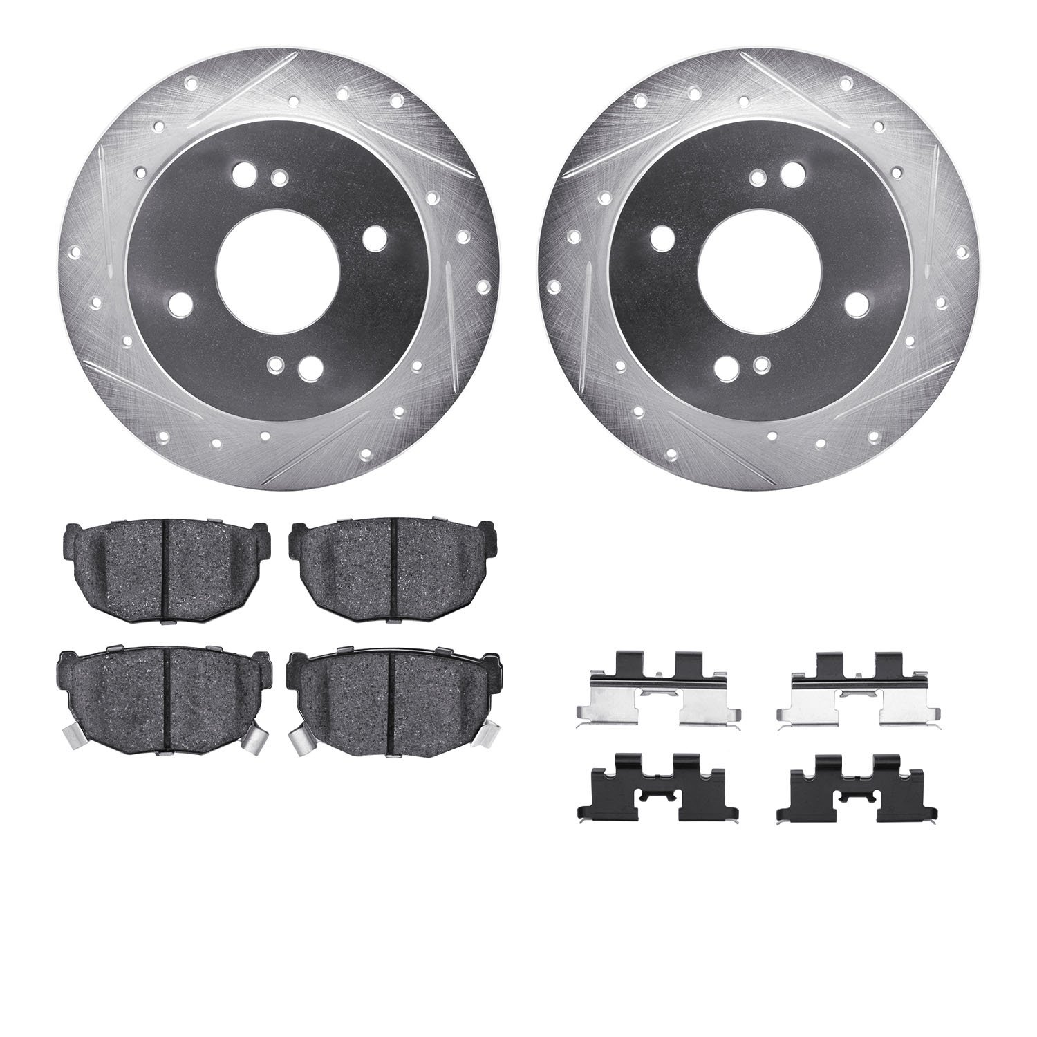 7312-67029 Drilled/Slotted Brake Rotor with 3000-Series Ceramic Brake Pads Kit & Hardware [Silver], 1982-1988 Infiniti/Nissan, P