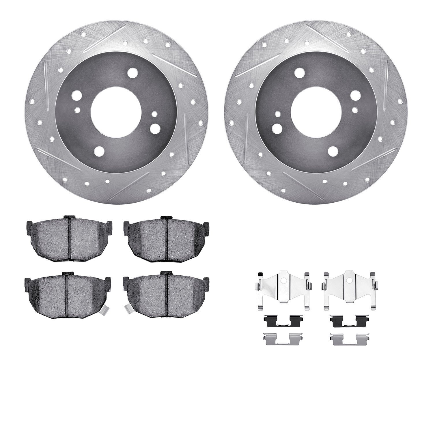 7312-67046 Drilled/Slotted Brake Rotor with 3000-Series Ceramic Brake Pads Kit & Hardware [Silver], 1990-1992 Infiniti/Nissan, P