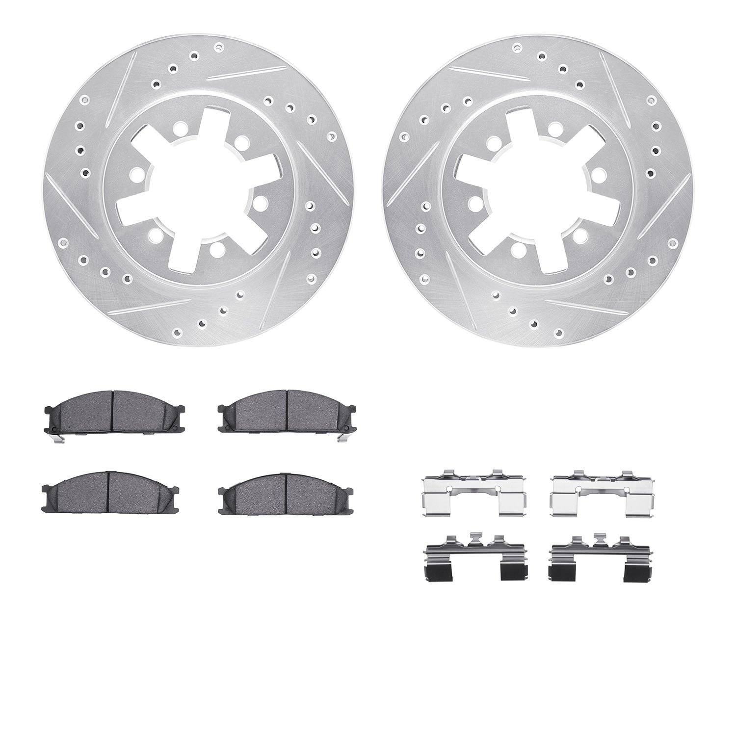 7312-67049 Drilled/Slotted Brake Rotor with 3000-Series Ceramic Brake Pads Kit & Hardware [Silver], 1985-2012 Infiniti/Nissan, P