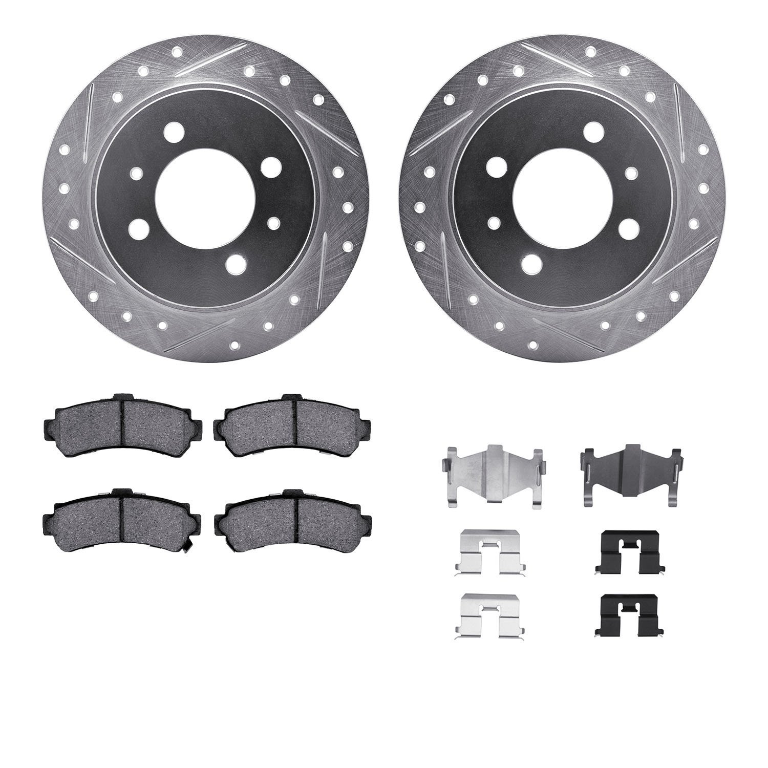 7312-67076 Drilled/Slotted Brake Rotor with 3000-Series Ceramic Brake Pads Kit & Hardware [Silver], 1995-2000 Infiniti/Nissan, P