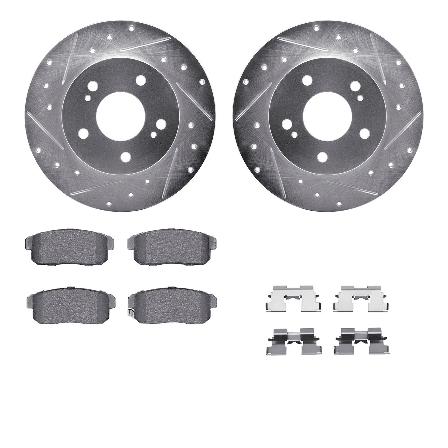 7312-67096 Drilled/Slotted Brake Rotor with 3000-Series Ceramic Brake Pads Kit & Hardware [Silver], 2000-2004 Infiniti/Nissan, P