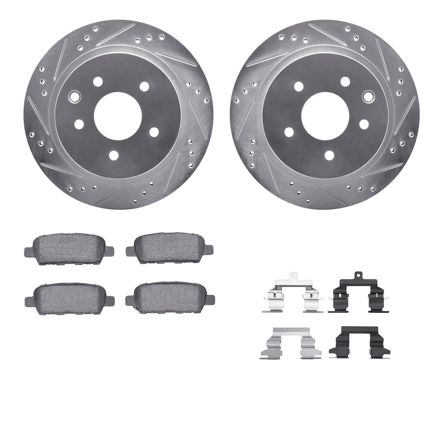 7312-67099 Drilled/Slotted Brake Rotor with 3000-Series Ceramic Brake Pads Kit & Hardware [Silver], 2008-2013 Infiniti/Nissan, P