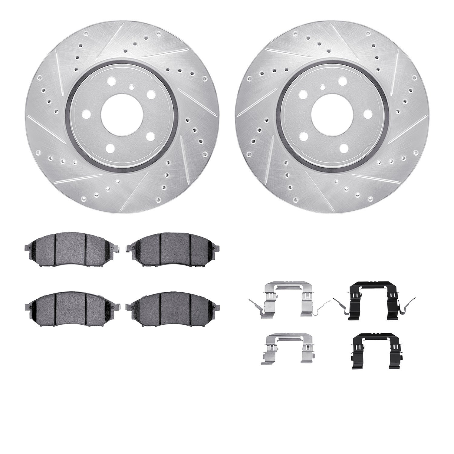 7312-68010 Drilled/Slotted Brake Rotor with 3000-Series Ceramic Brake Pads Kit & Hardware [Silver], 2005-2014 Infiniti/Nissan, P