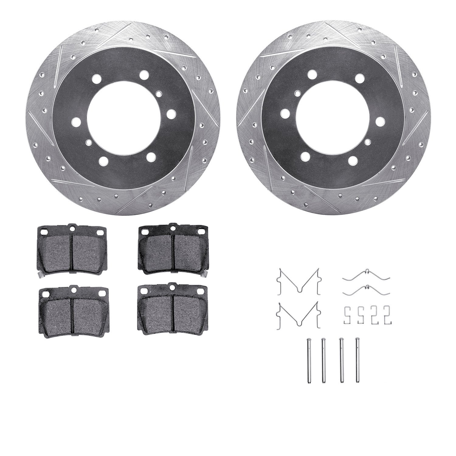 7312-72067 Drilled/Slotted Brake Rotor with 3000-Series Ceramic Brake Pads Kit & Hardware [Silver], 1997-2004 Mitsubishi, Positi