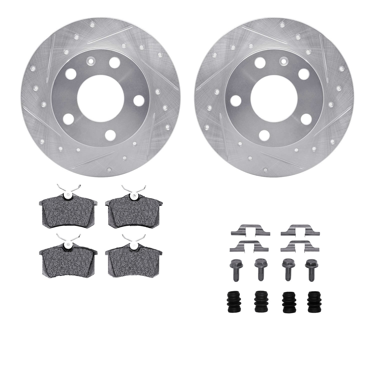 7312-73028 Drilled/Slotted Brake Rotor with 3000-Series Ceramic Brake Pads Kit & Hardware [Silver], 2002-2006 Audi/Volkswagen, P