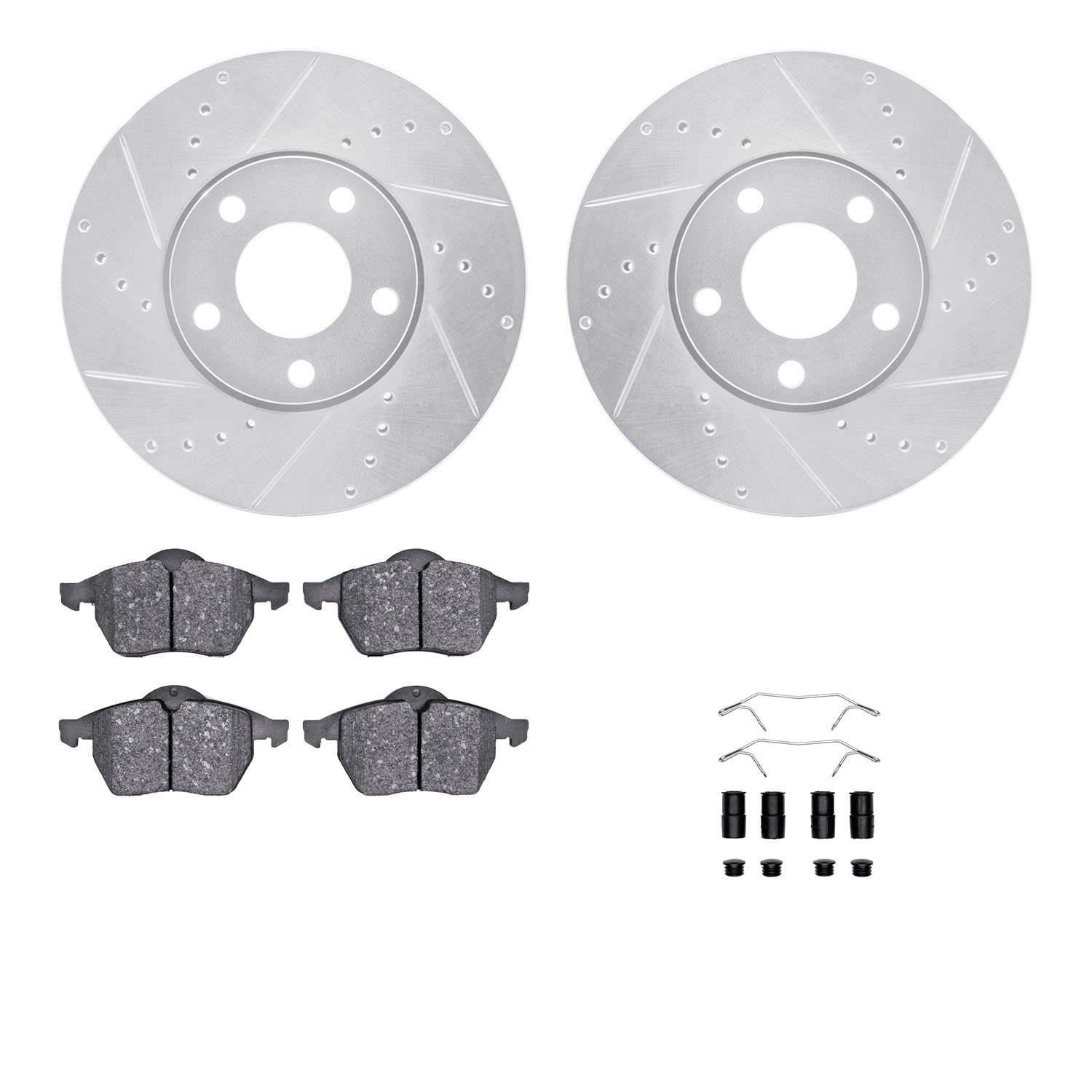 7312-73038 Drilled/Slotted Brake Rotor with 3000-Series Ceramic Brake Pads Kit & Hardware [Silver], 1996-1999 Audi/Volkswagen, P