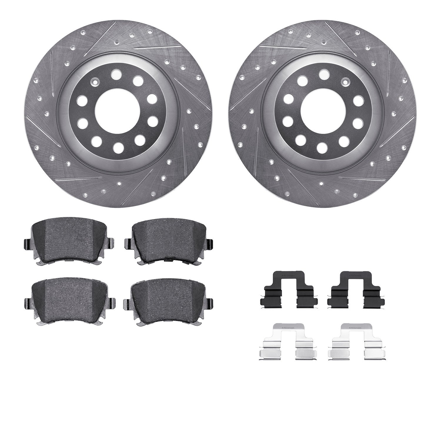 7312-73058 Drilled/Slotted Brake Rotor with 3000-Series Ceramic Brake Pads Kit & Hardware [Silver], 2005-2011 Audi/Volkswagen, P