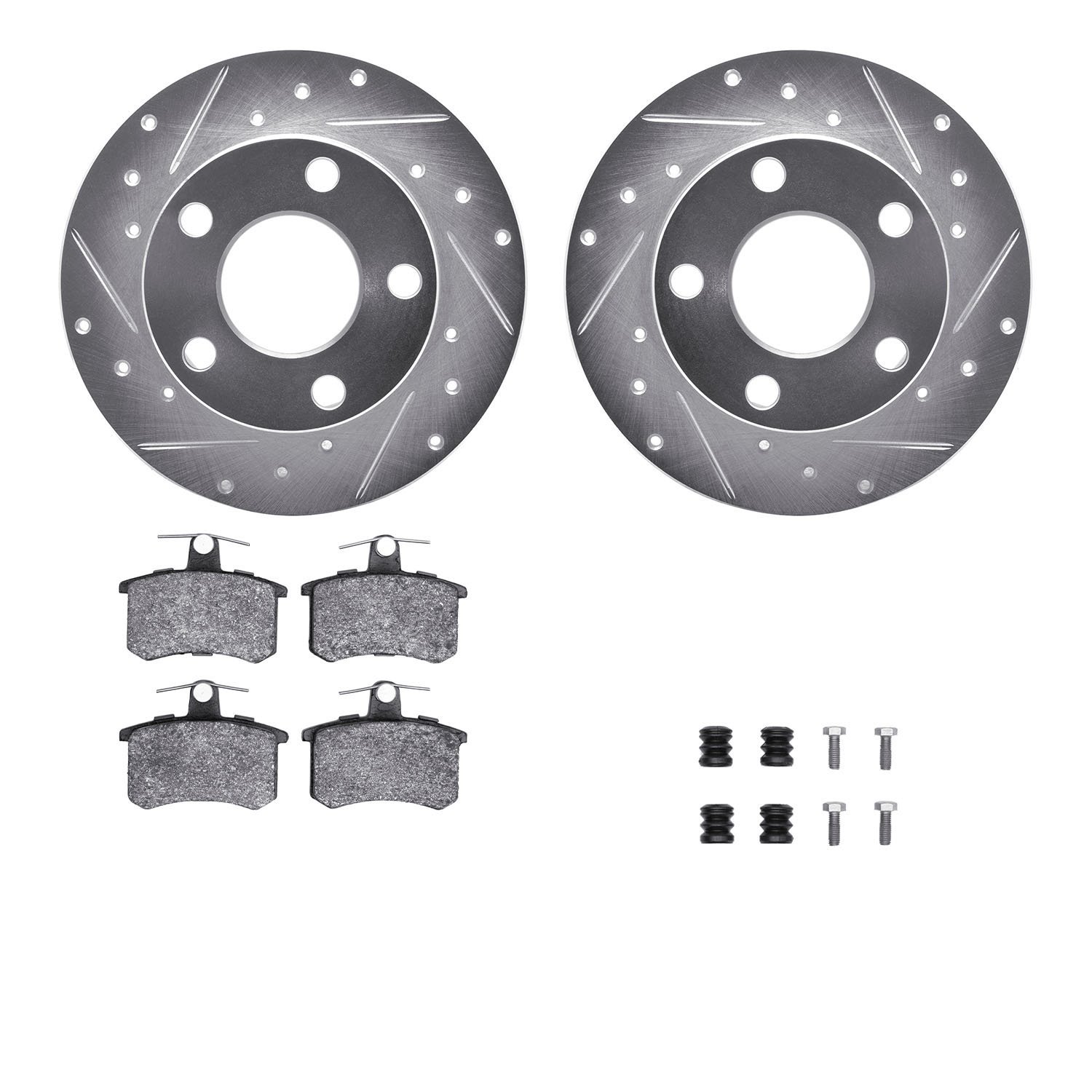 7312-74025 Drilled/Slotted Brake Rotor with 3000-Series Ceramic Brake Pads Kit & Hardware [Silver], 1992-1998 Audi/Volkswagen, P