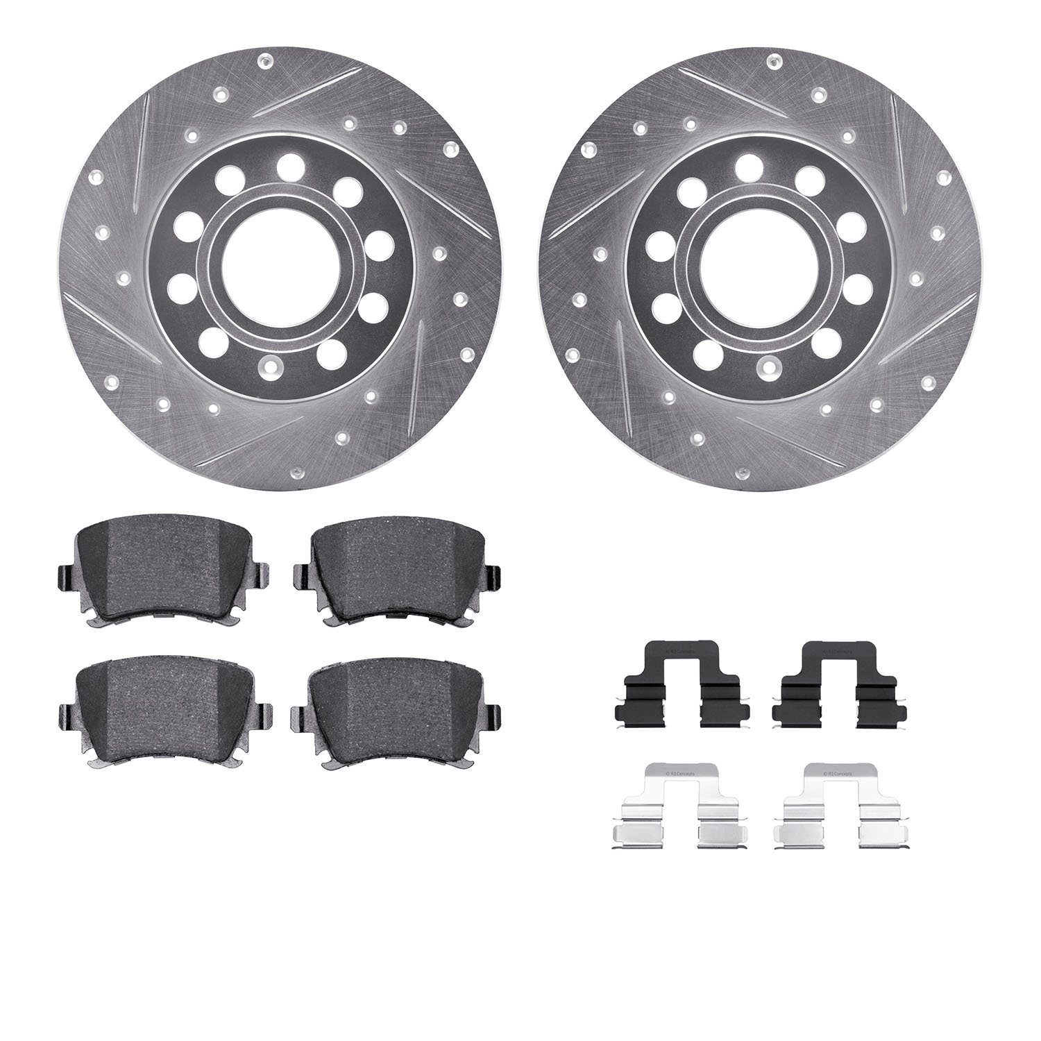 7312-74084 Drilled/Slotted Brake Rotor with 3000-Series Ceramic Brake Pads Kit & Hardware [Silver], 2005-2013 Audi/Volkswagen, P