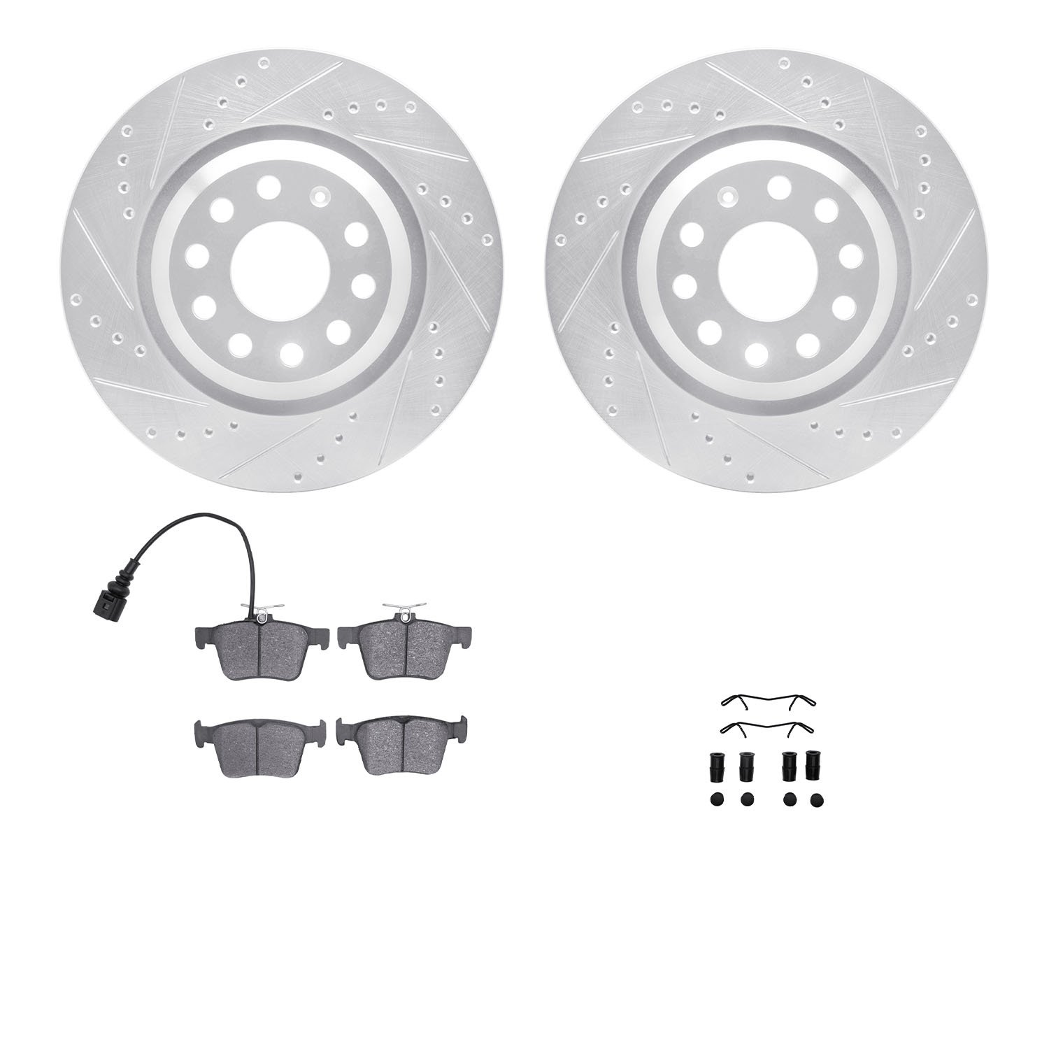 7312-74093 Drilled/Slotted Brake Rotor with 3000-Series Ceramic Brake Pads Kit & Hardware [Silver], Fits Select Audi/Volkswagen,