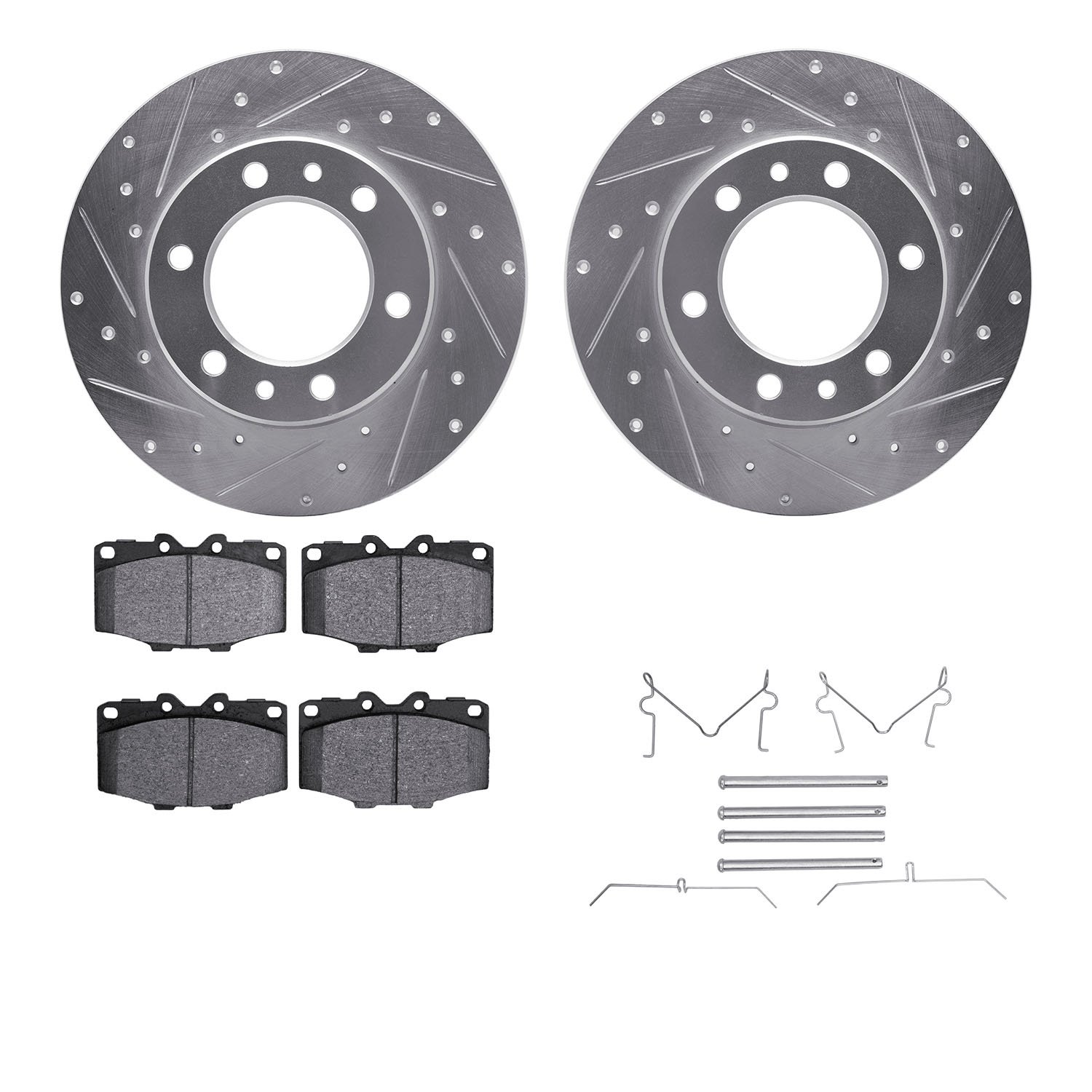 7312-76011 Drilled/Slotted Brake Rotor with 3000-Series Ceramic Brake Pads Kit & Hardware [Silver], 1981-1985 Lexus/Toyota/Scion