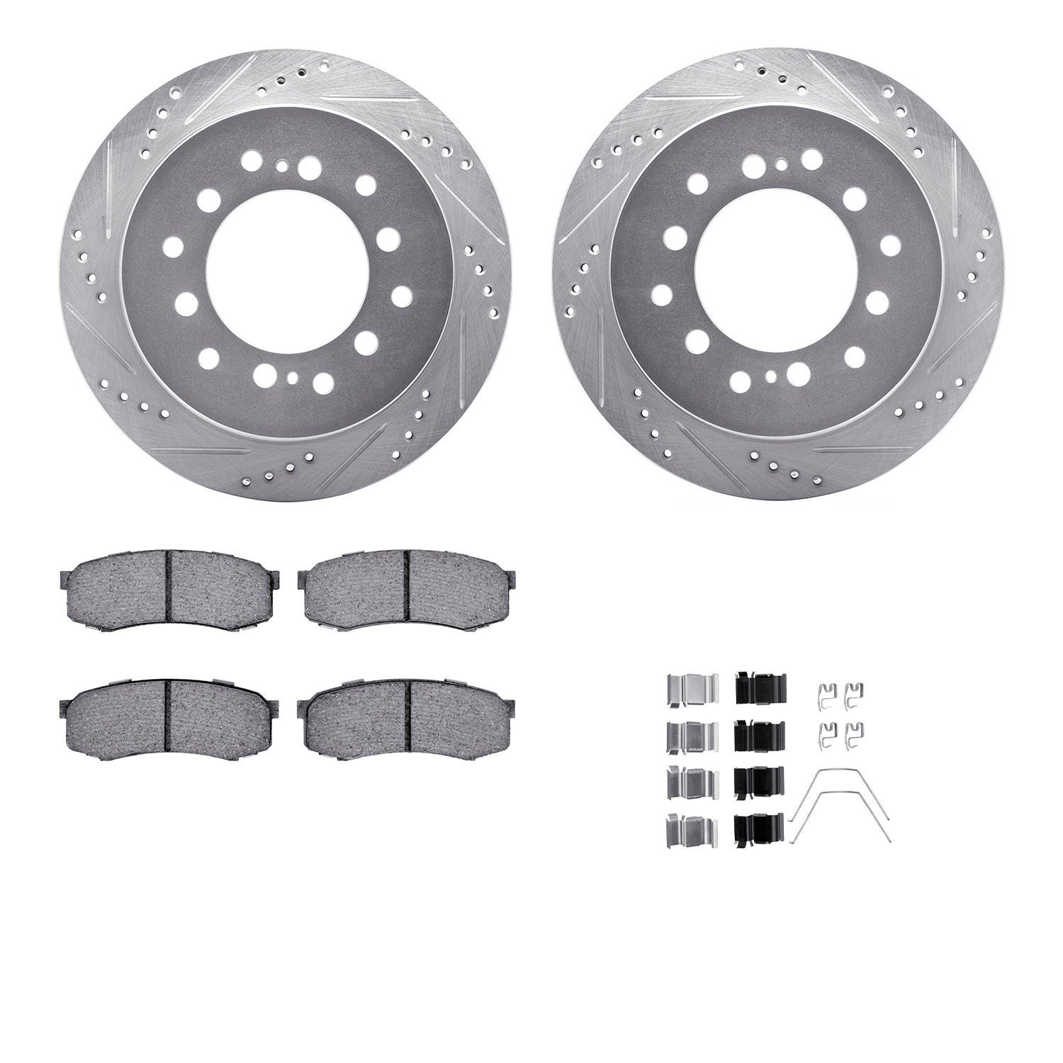 7312-76099 Drilled/Slotted Brake Rotor with 3000-Series Ceramic Brake Pads Kit & Hardware [Silver], 2001-2009 Lexus/Toyota/Scion