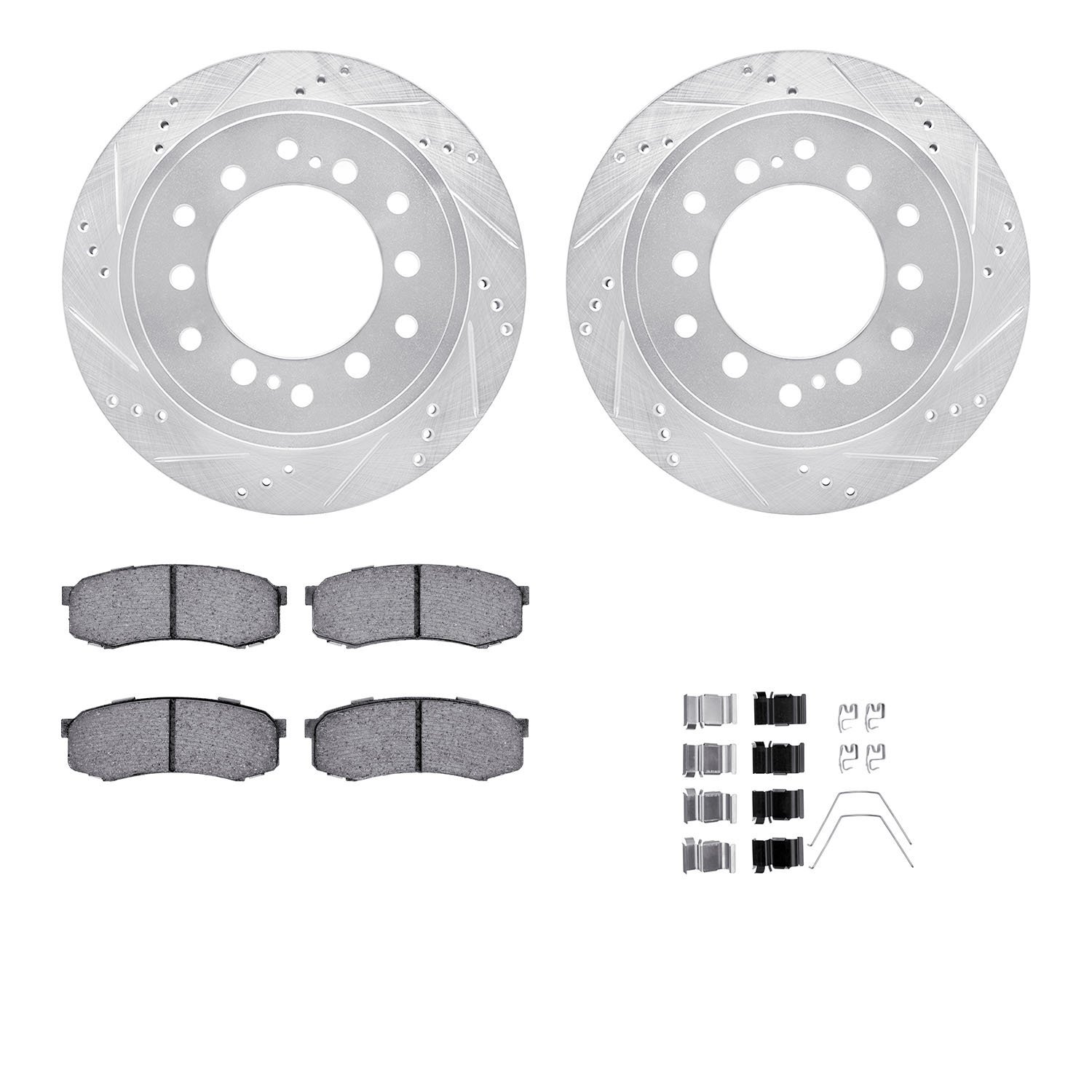 7312-76100 Drilled/Slotted Brake Rotor with 3000-Series Ceramic Brake Pads Kit & Hardware [Silver], Fits Select Lexus/Toyota/Sci
