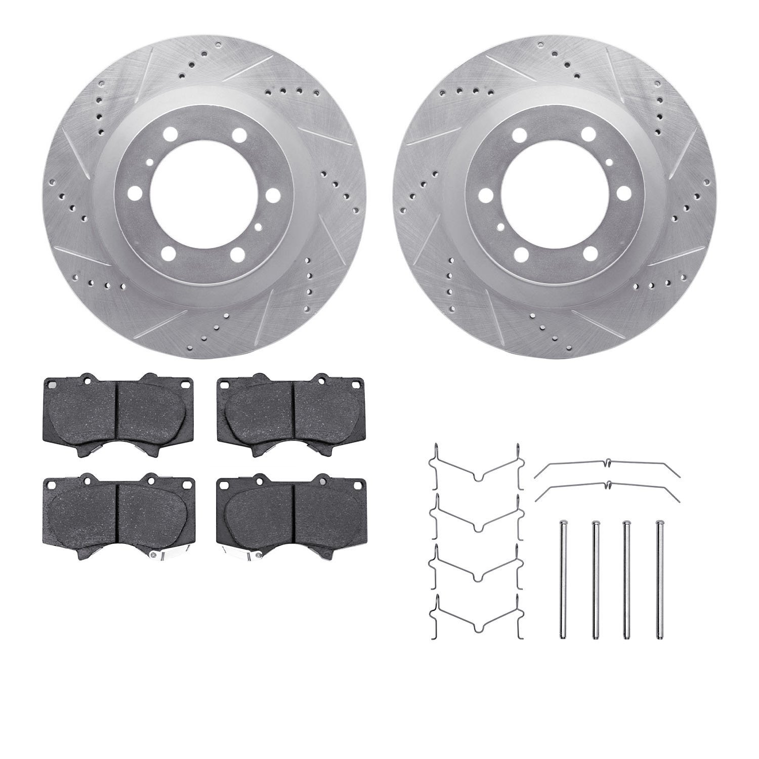 7312-76148 Drilled/Slotted Brake Rotor with 3000-Series Ceramic Brake Pads Kit & Hardware [Silver], Fits Select Lexus/Toyota/Sci