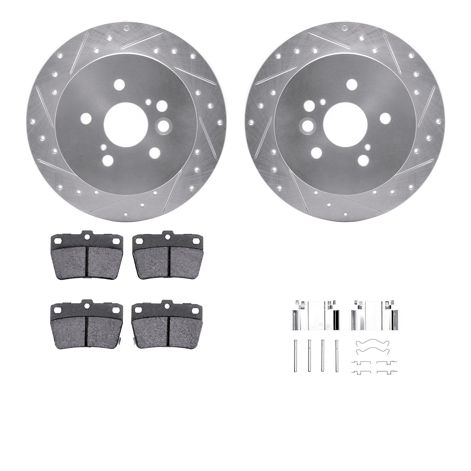 7312-76152 Drilled/Slotted Brake Rotor with 3000-Series Ceramic Brake Pads Kit & Hardware [Silver], 2004-2005 Lexus/Toyota/Scion