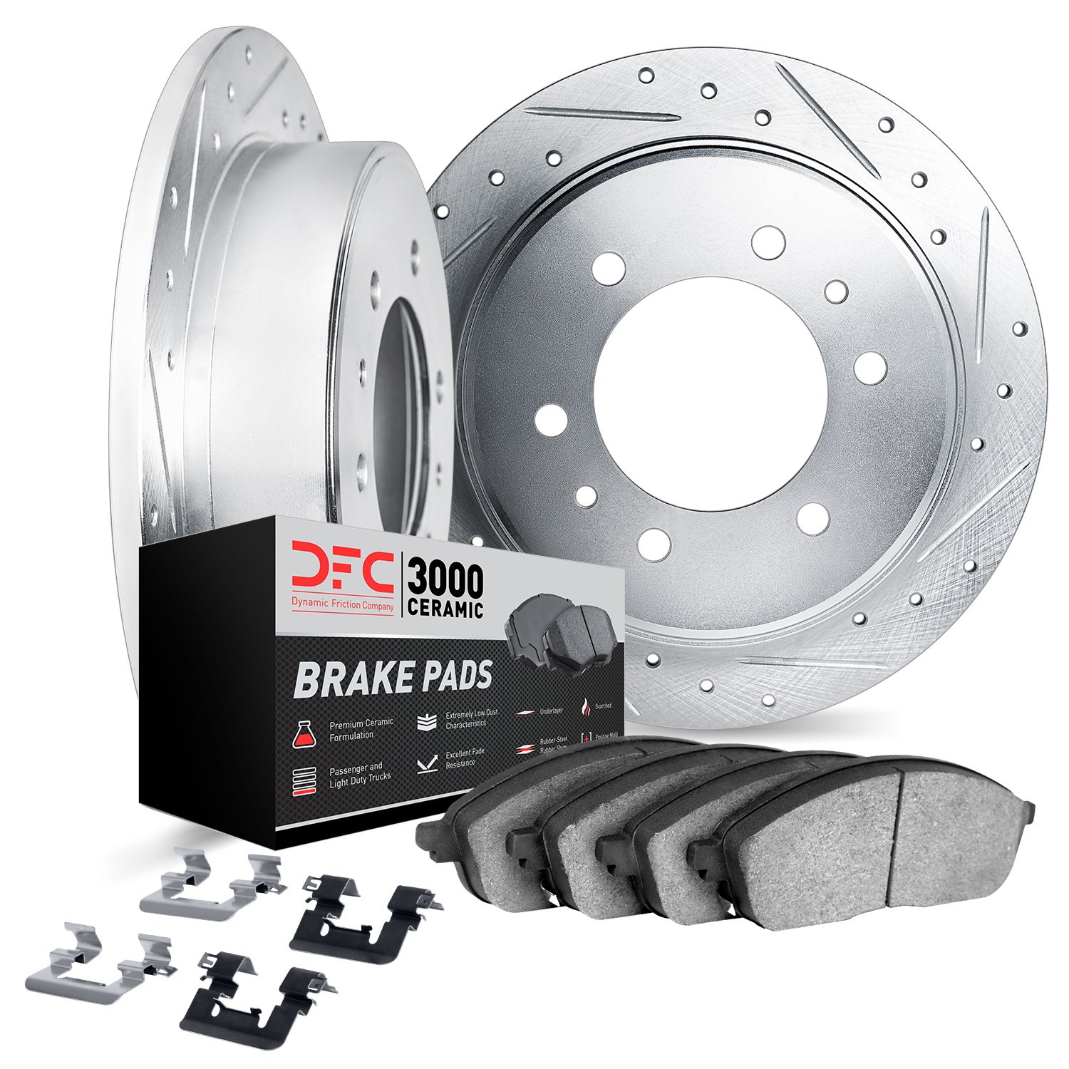 7312-93002 Drilled/Slotted Brake Rotor with 3000-Series Ceramic Brake Pads Kit & Hardware [Silver], 2006-2010 GM, Position: Rear